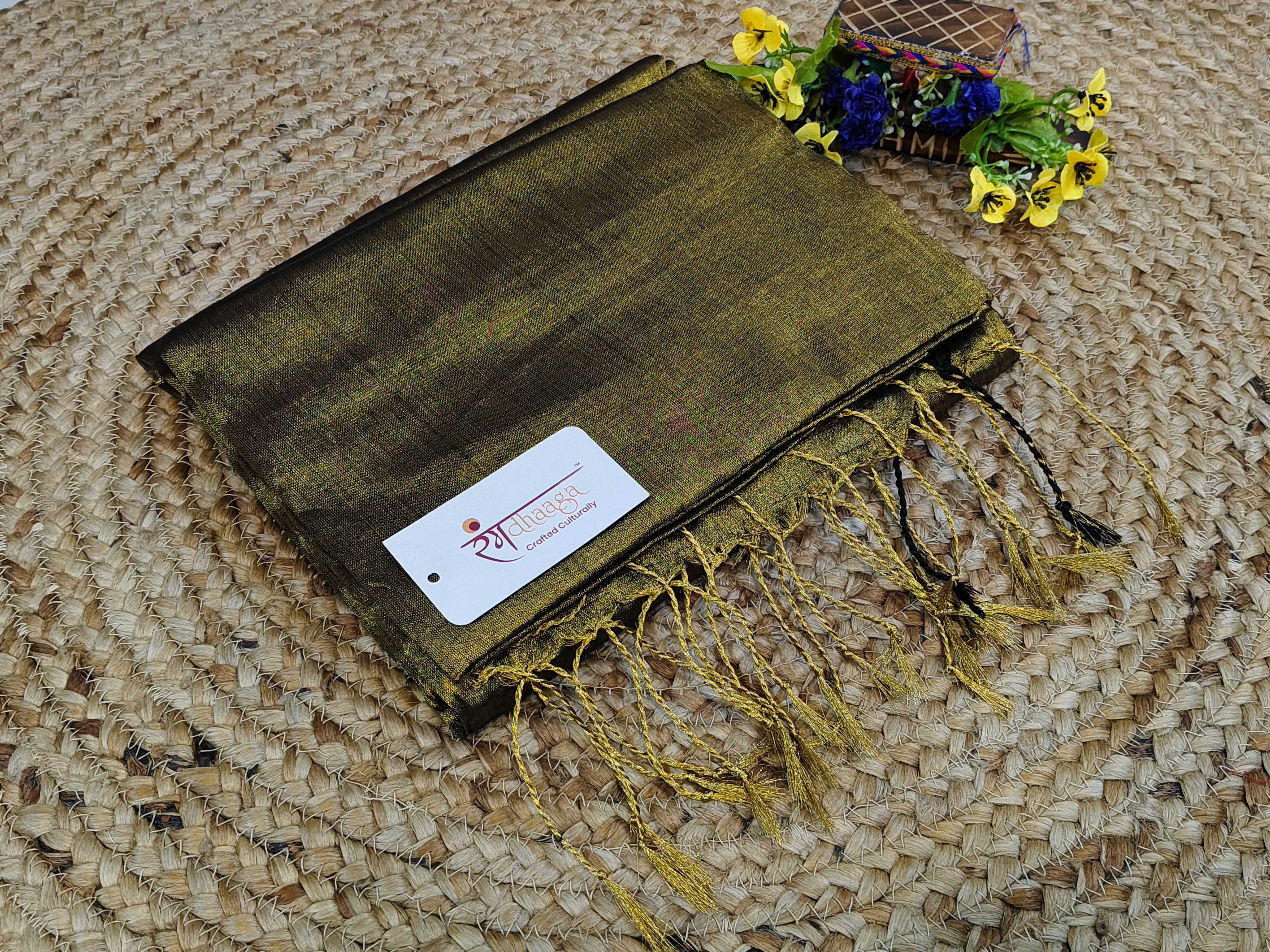 RangDhaaga Metallic golden with black border Raga Tissue Saree