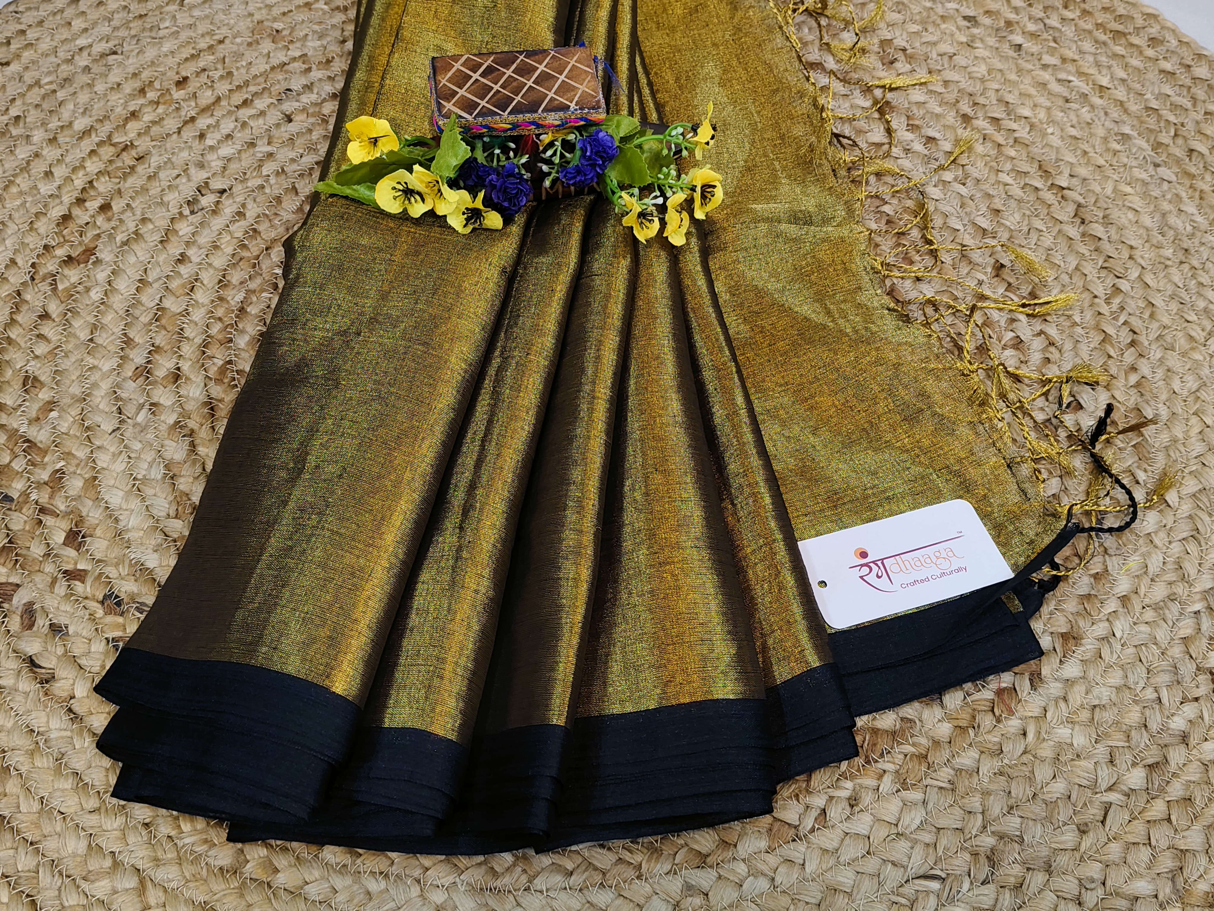 RangDhaaga Metallic golden with black border Raga Tissue Saree
