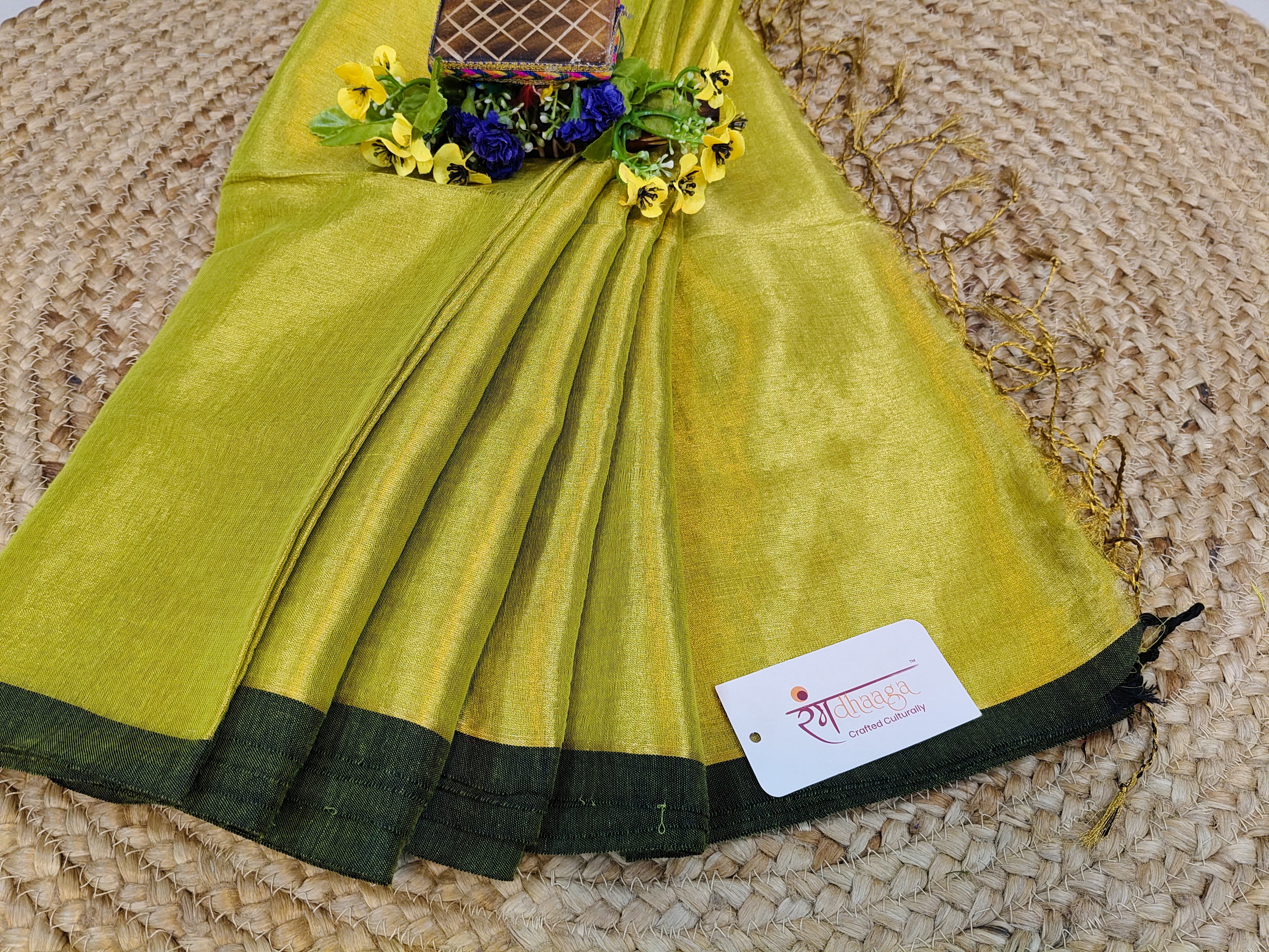 RangDhaaga Pale Yellow with Black Border Raga Tissue Saree