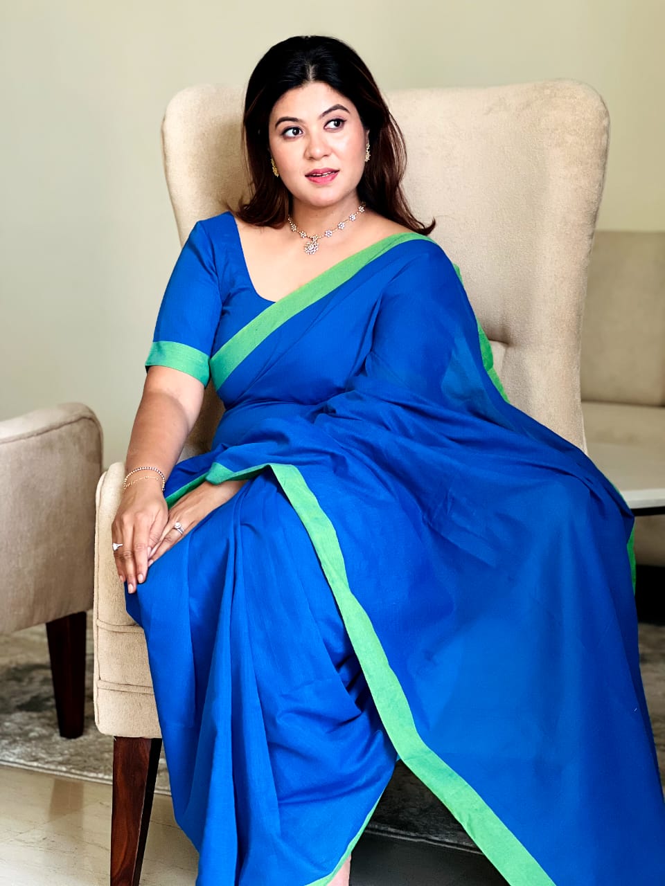 Rangdhaaga Blue contrast green border cotton saree by Jagdisha