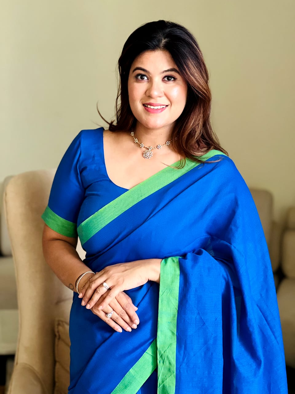 Rangdhaaga Blue contrast green border cotton saree by Jagdisha