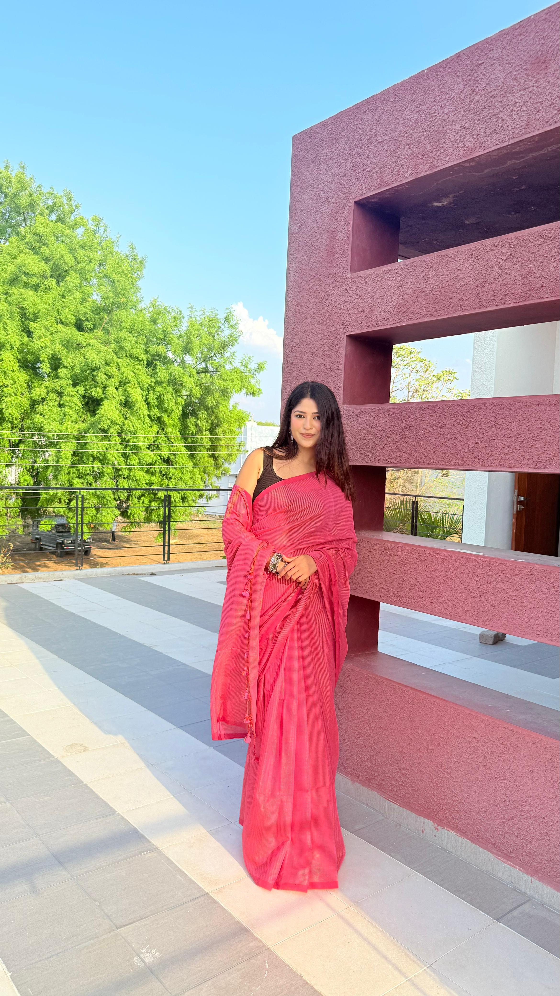 Rangdhaaga baby pink  mini zari lining cotton saree