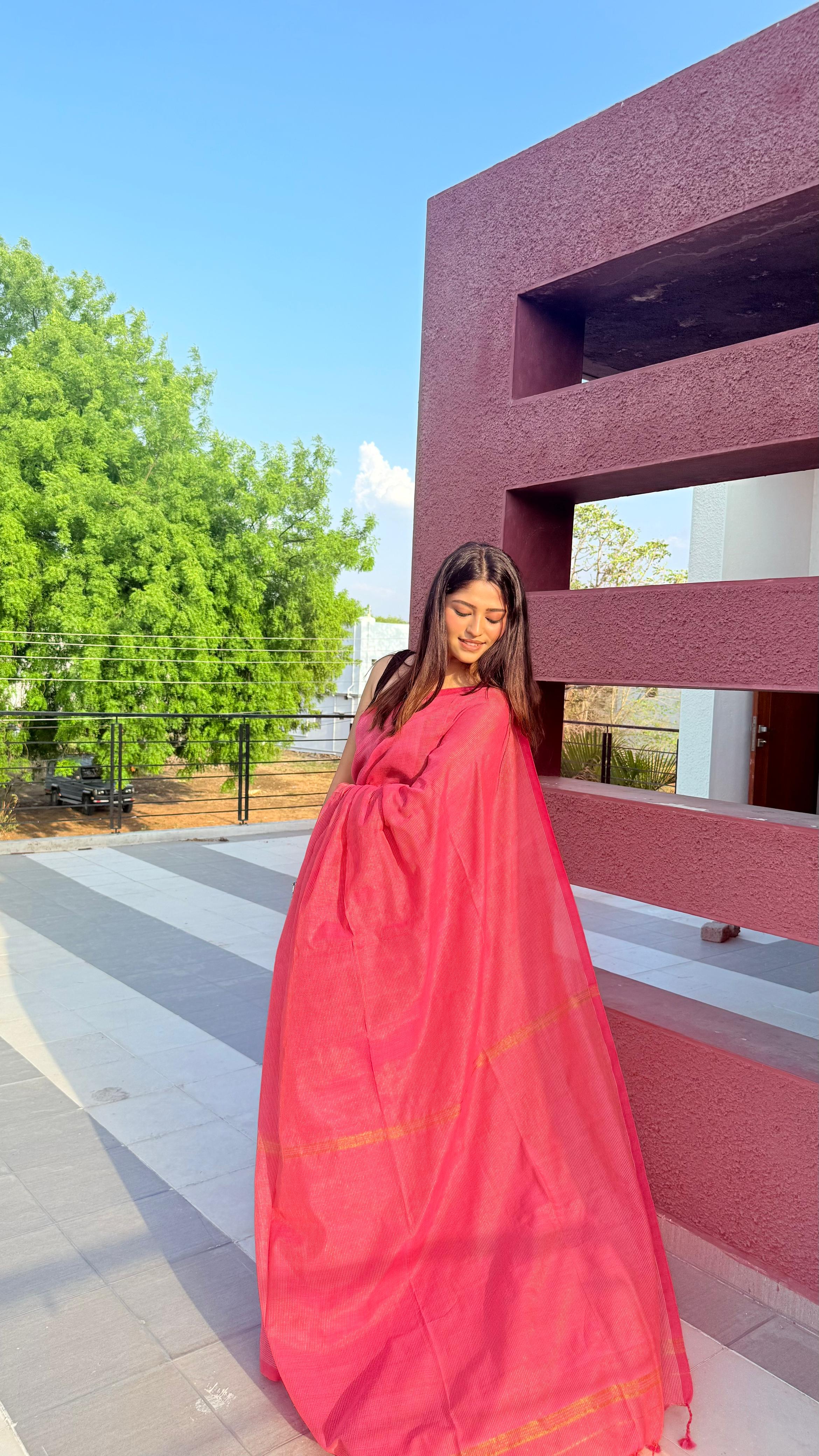 Rangdhaaga baby pink  mini zari lining cotton saree