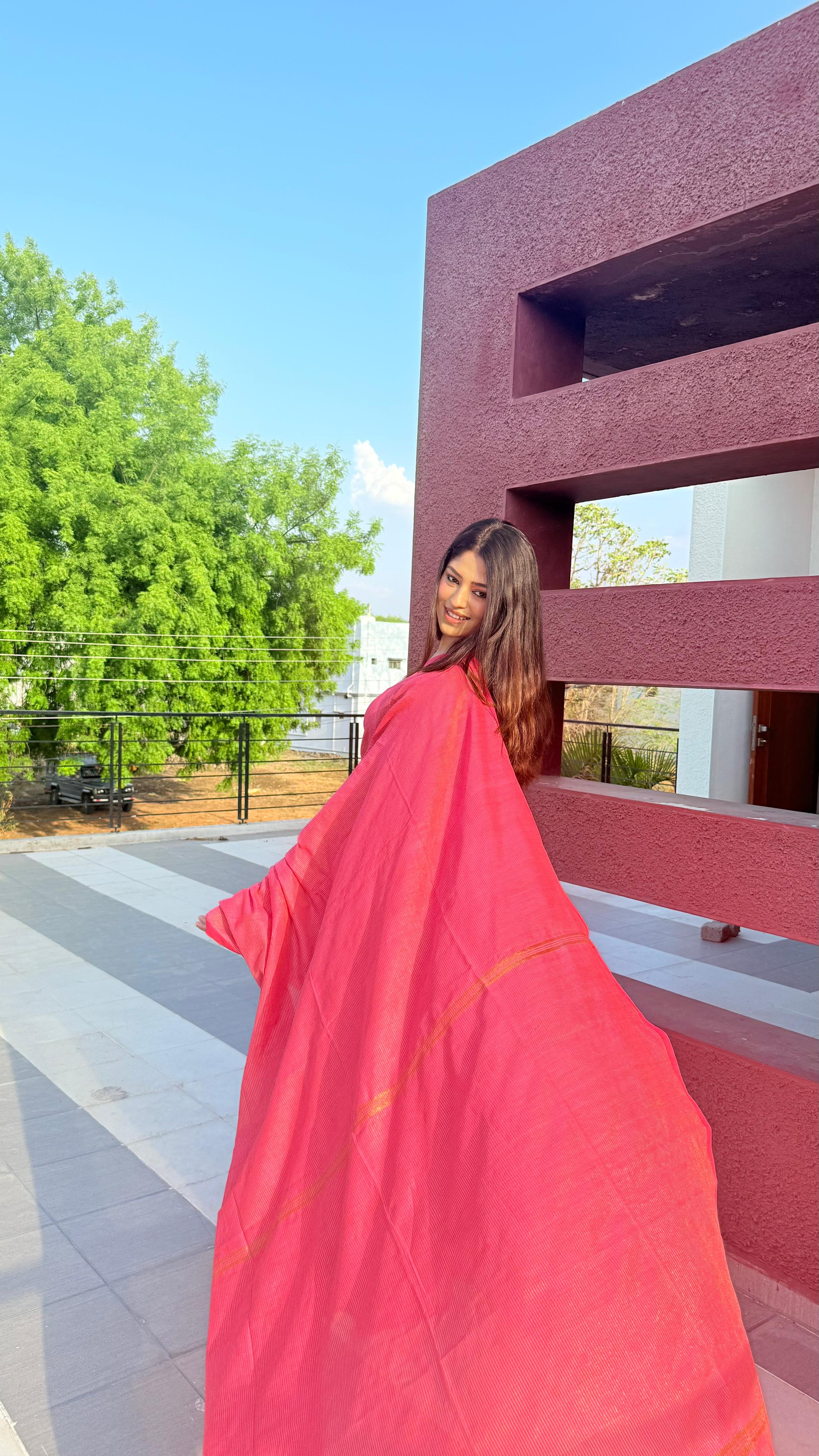 Rangdhaaga baby pink  mini zari lining cotton saree