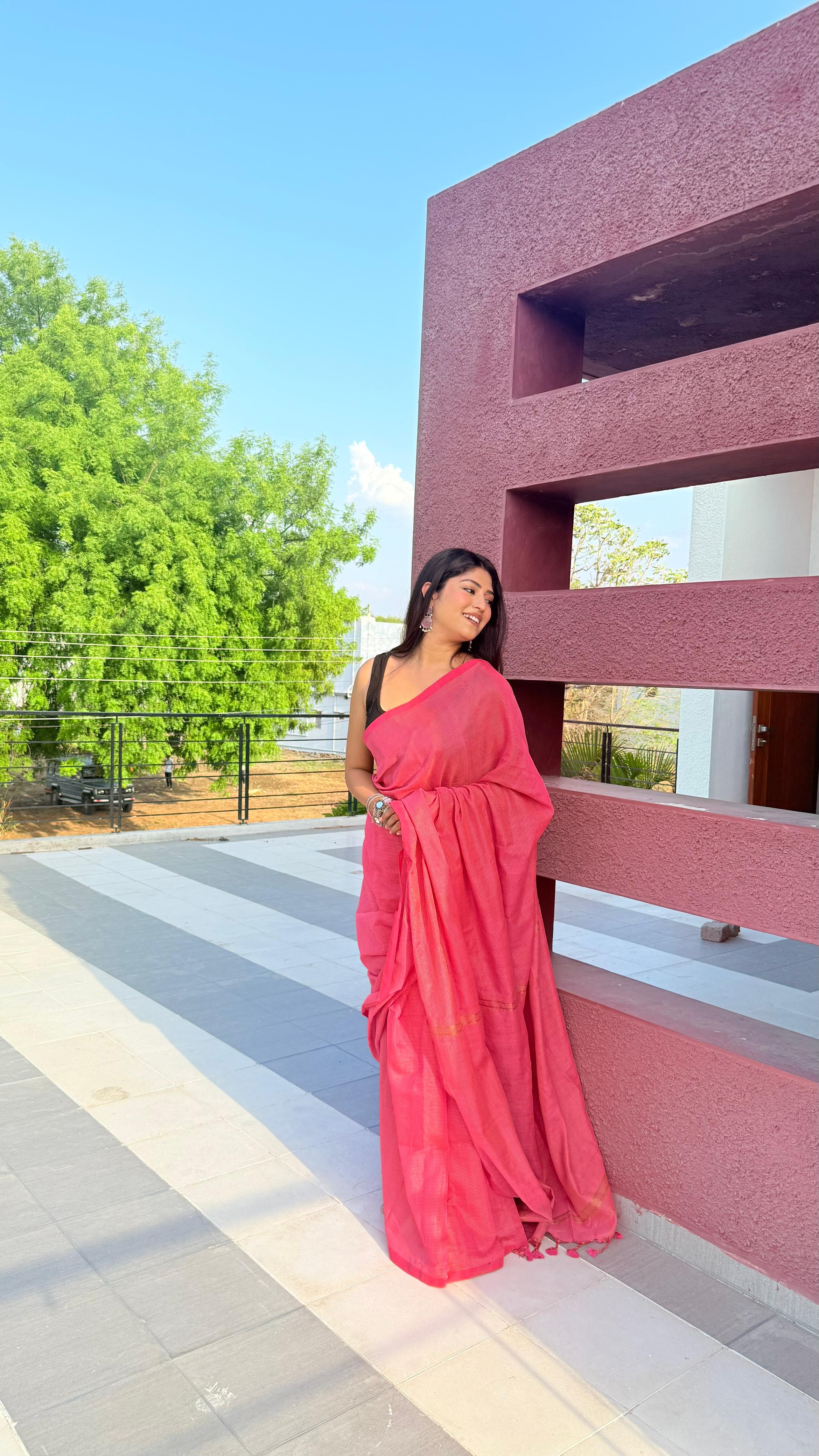 Rangdhaaga baby pink  mini zari lining cotton saree