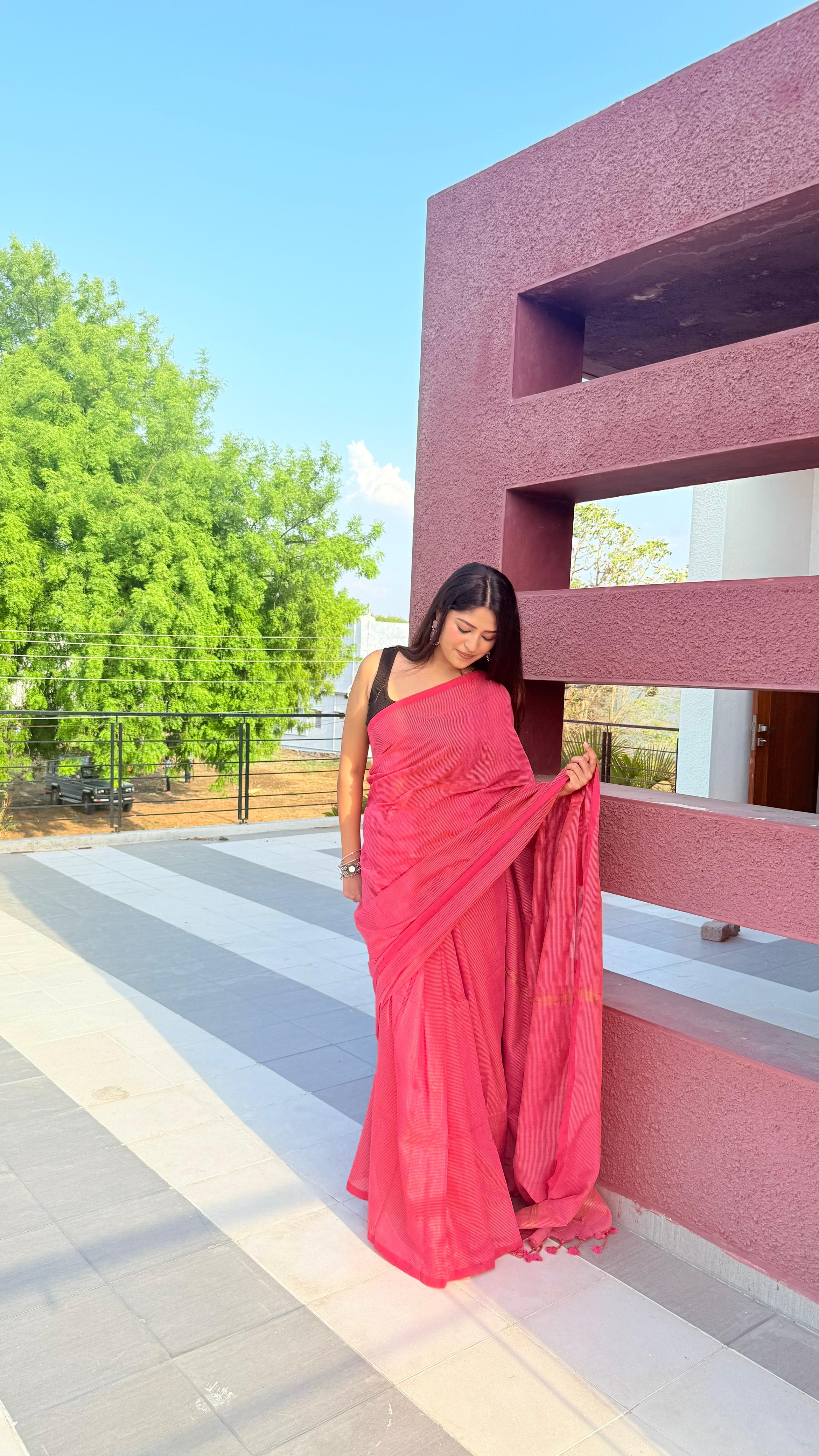 Rangdhaaga baby pink  mini zari lining cotton saree