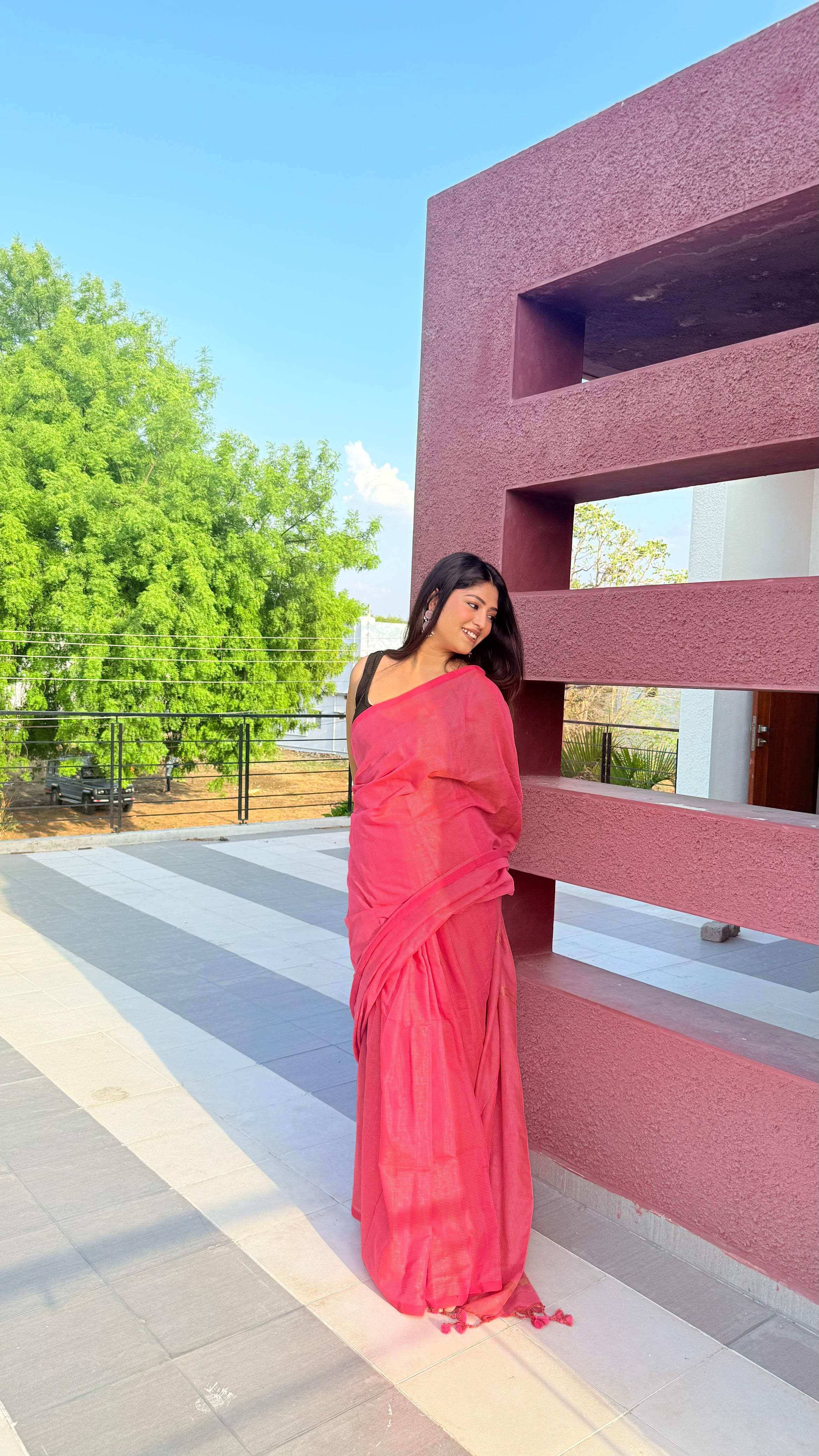 Rangdhaaga baby pink  mini zari lining cotton saree