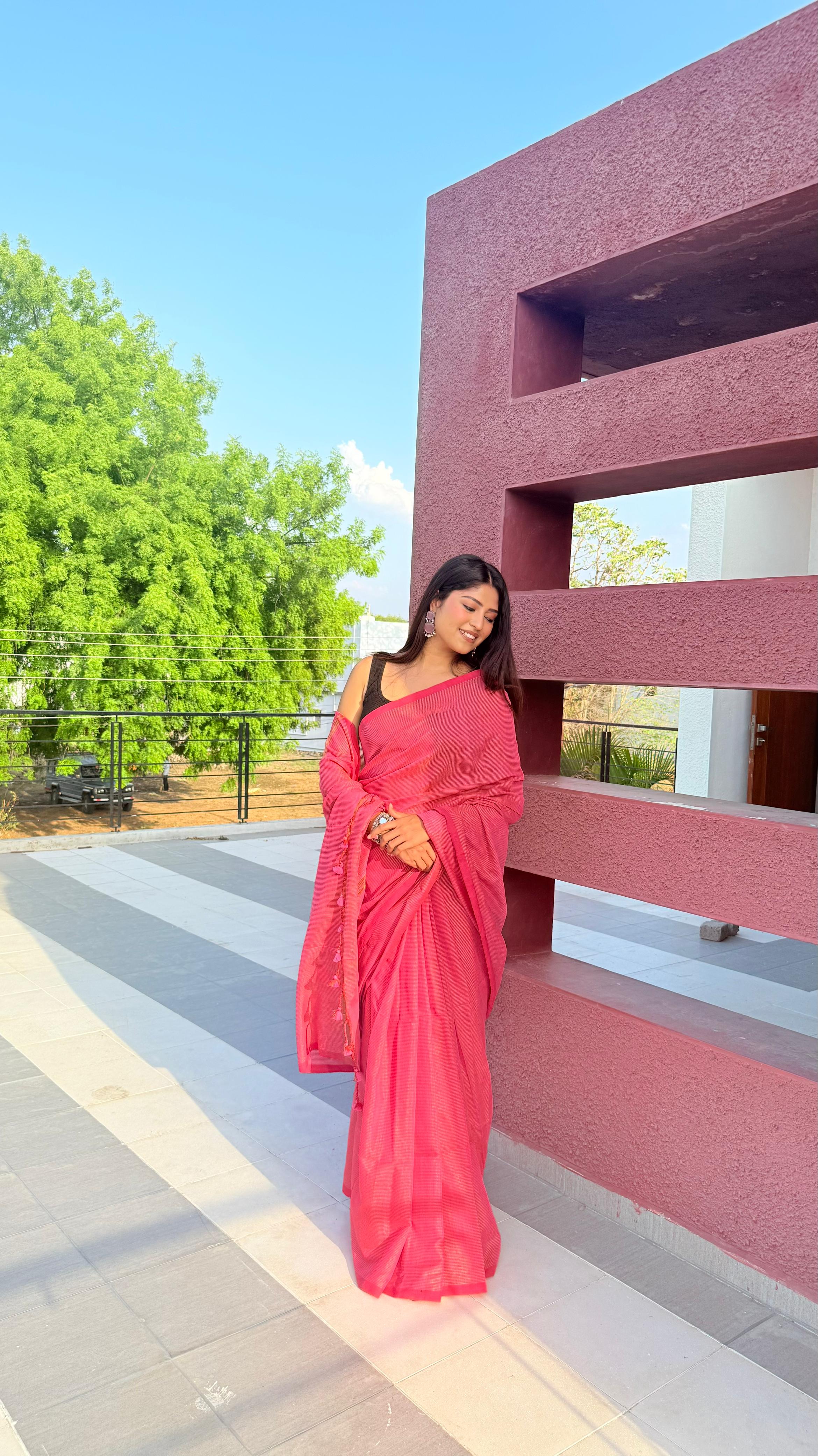 Rangdhaaga baby pink  mini zari lining cotton saree