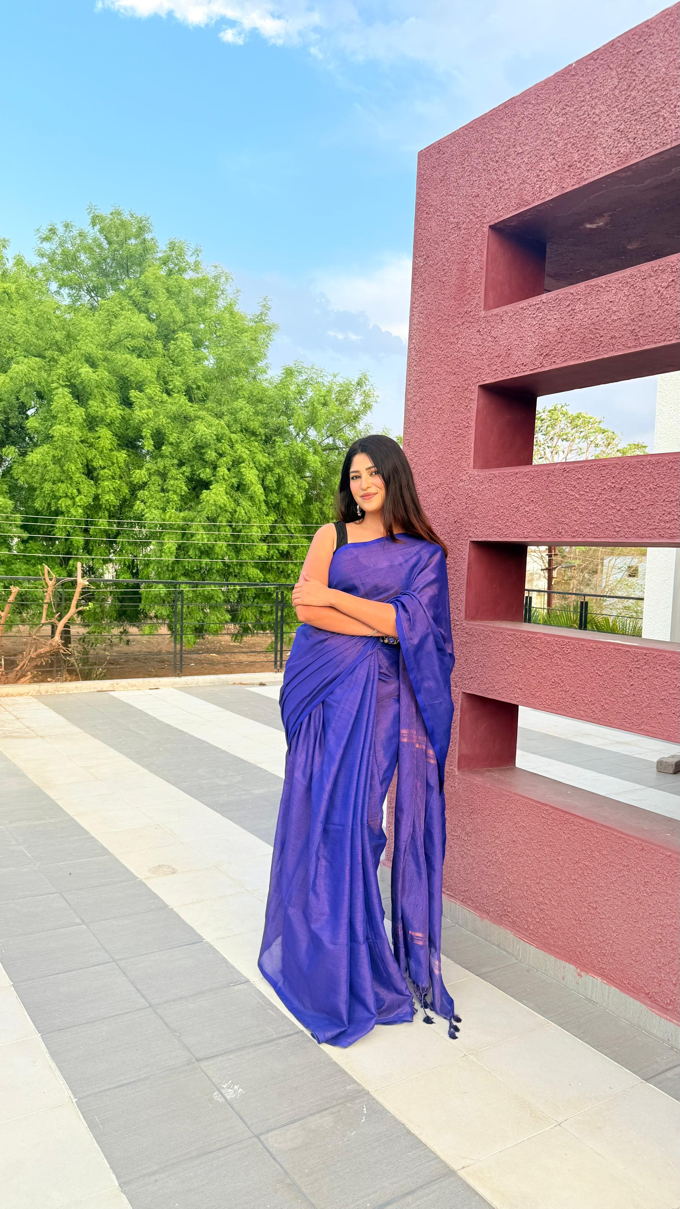 Rangdhaaga Royal Blue Mini Zari Lining Cotton Saree