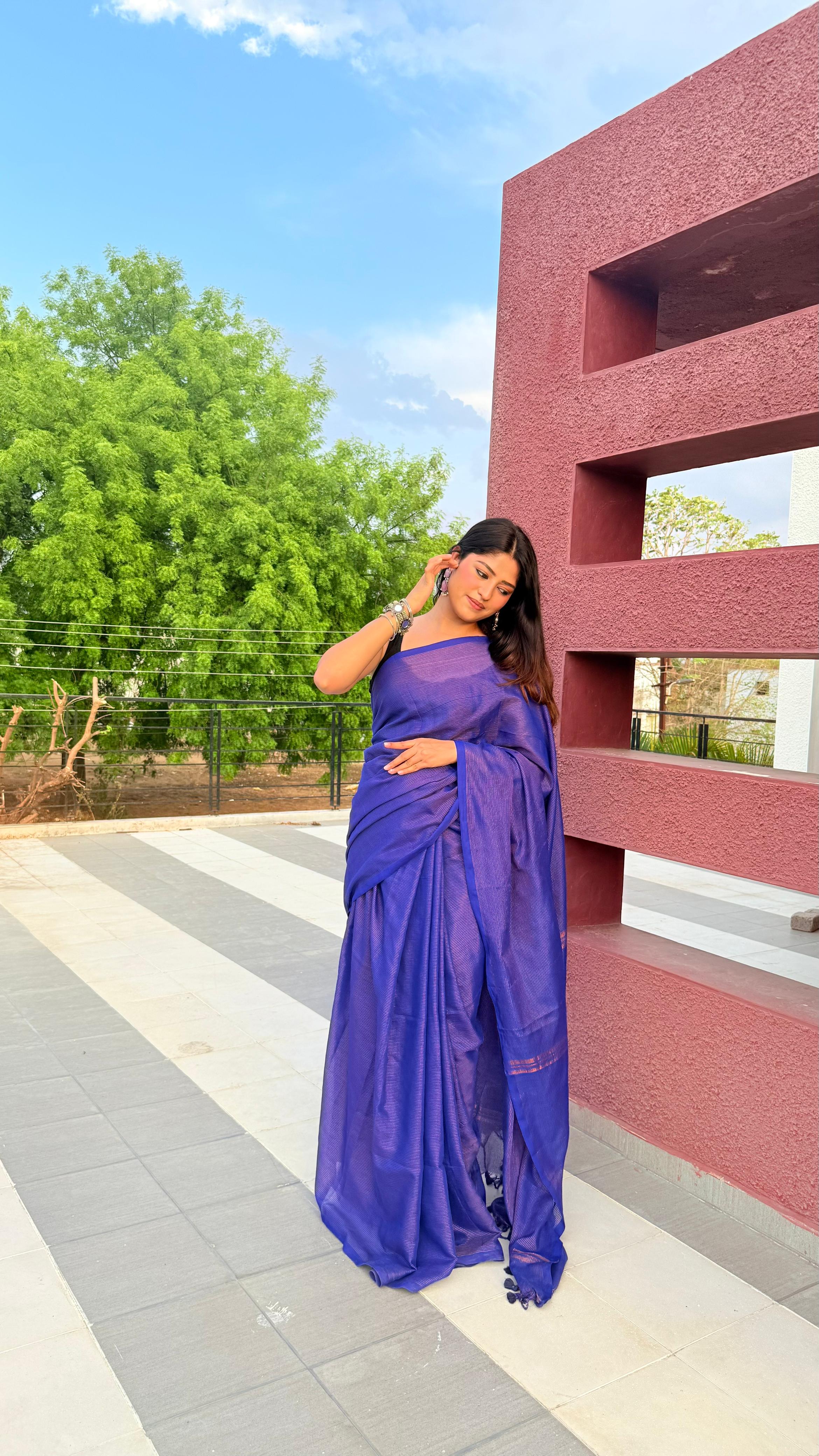 Rangdhaaga Royal Blue Mini Zari Lining Cotton Saree