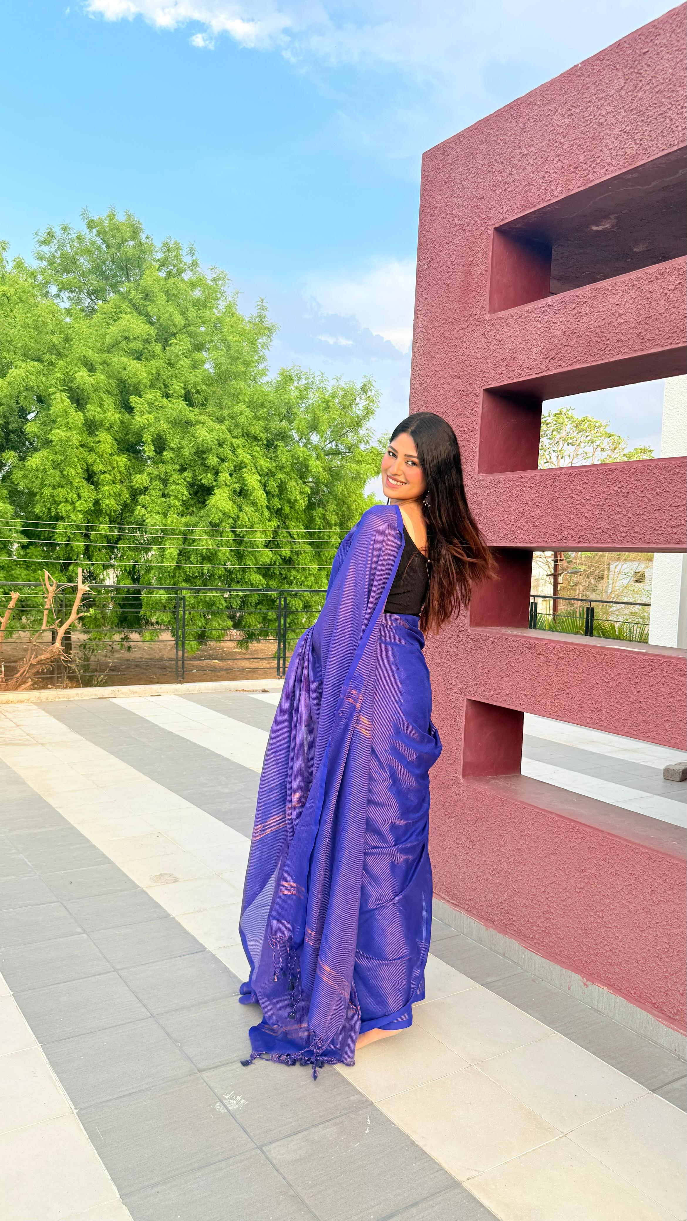 Rangdhaaga Royal Blue Mini Zari Lining Cotton Saree