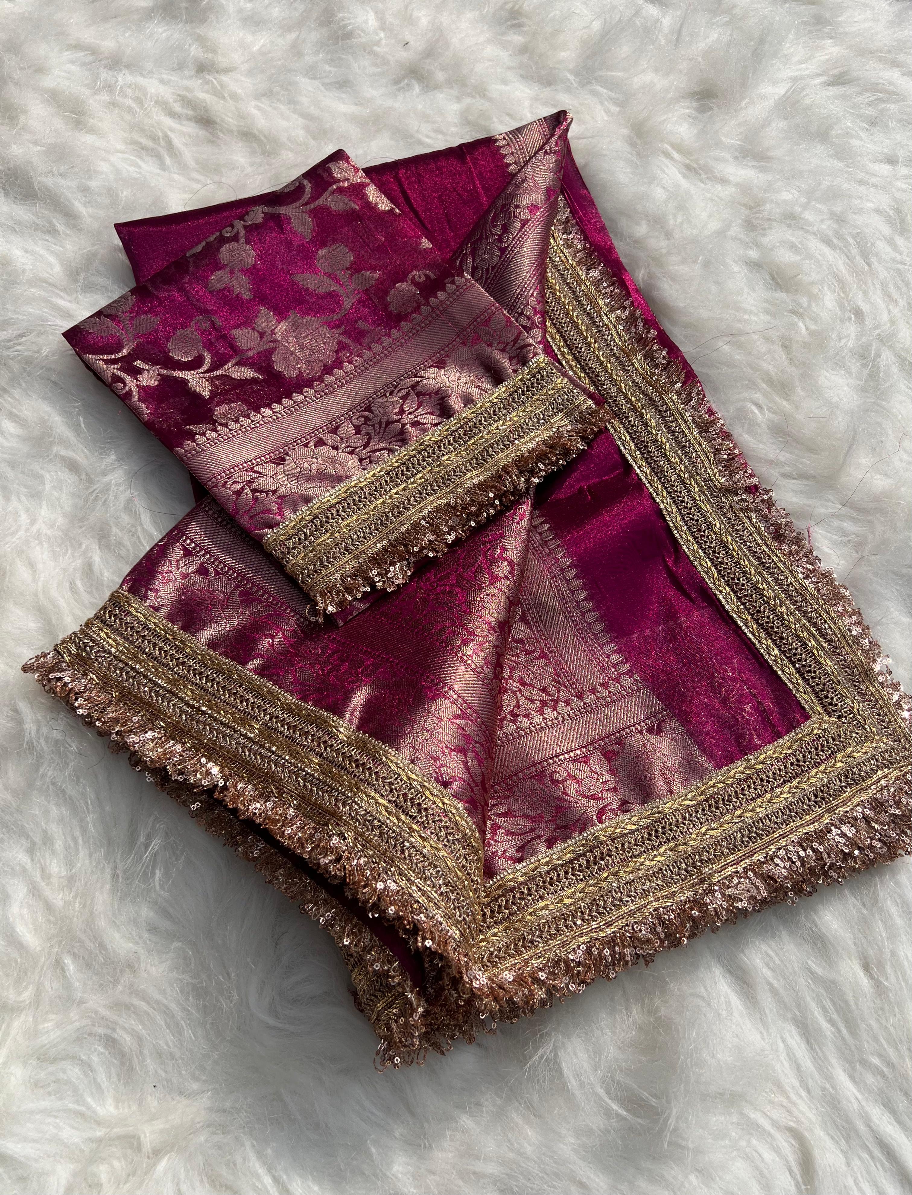 RangDhaaga Jahvni Kapoor Inspired Pink Banarasi Tissue Silk Saree with Rich Pallu and Lacework