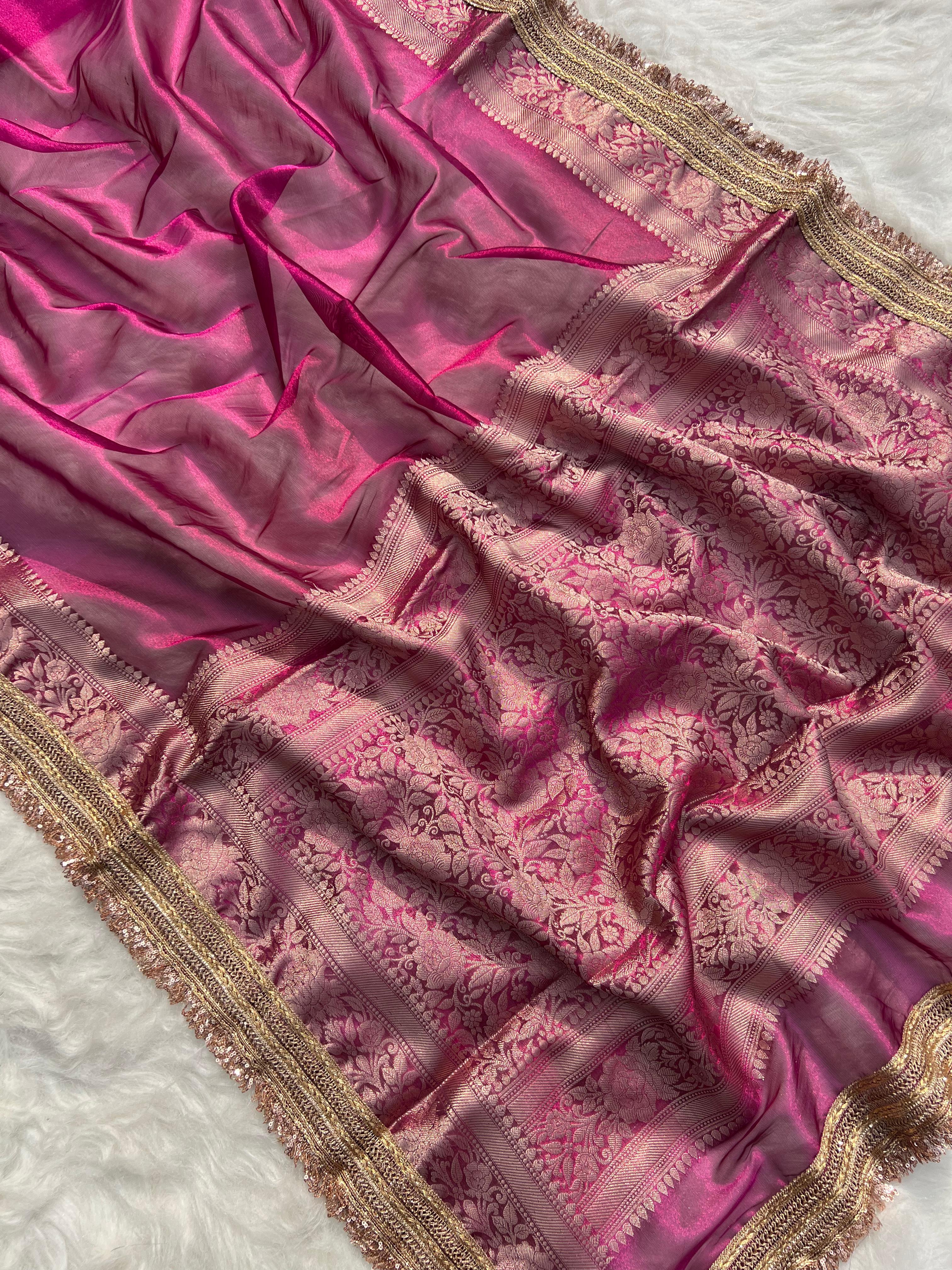 RangDhaaga Jahvni Kapoor Inspired Pink Banarasi Tissue Silk Saree with Rich Pallu and Lacework