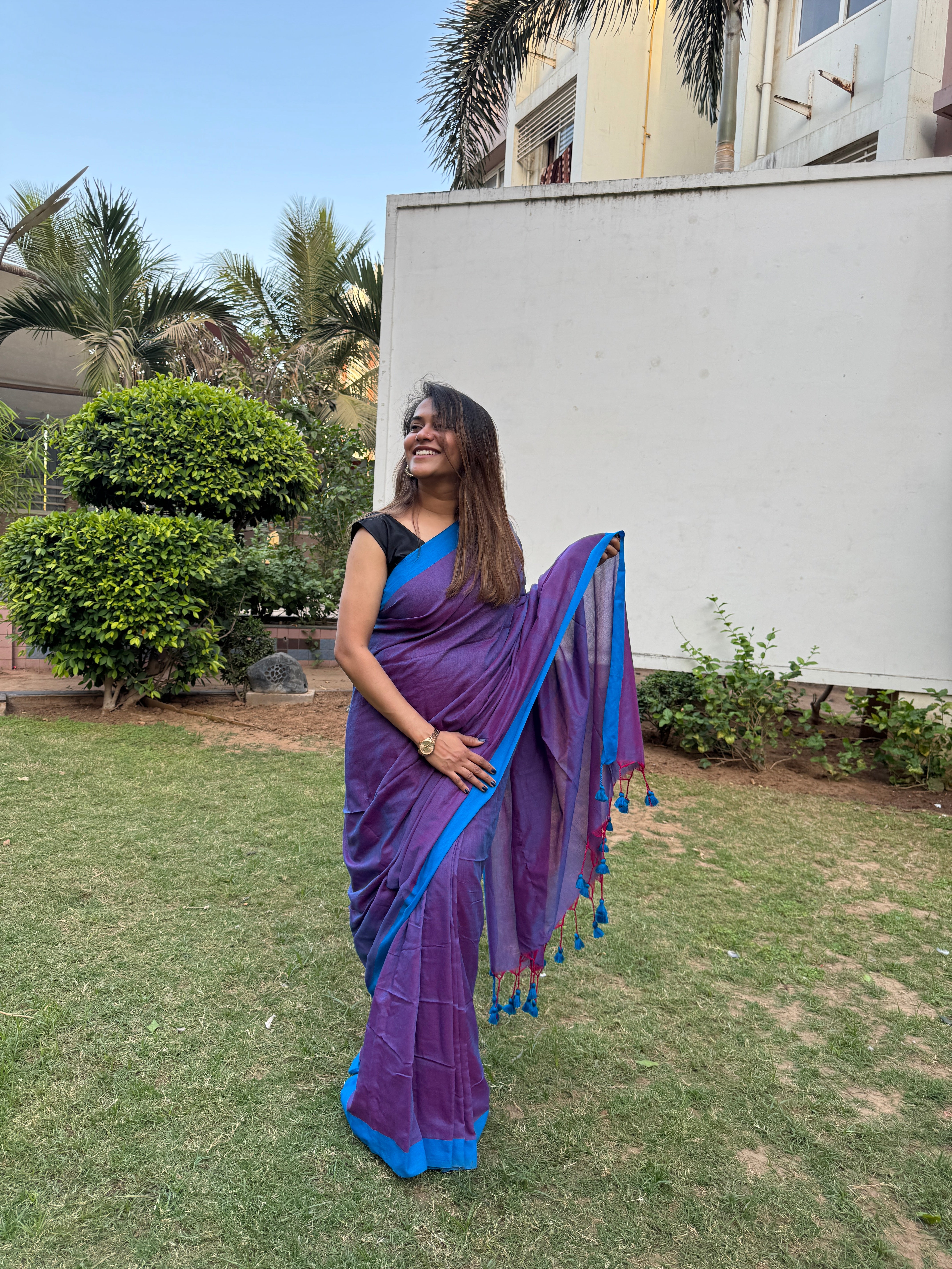 Rangdhaaga Purple contrast blue border cotton saree by Zarna