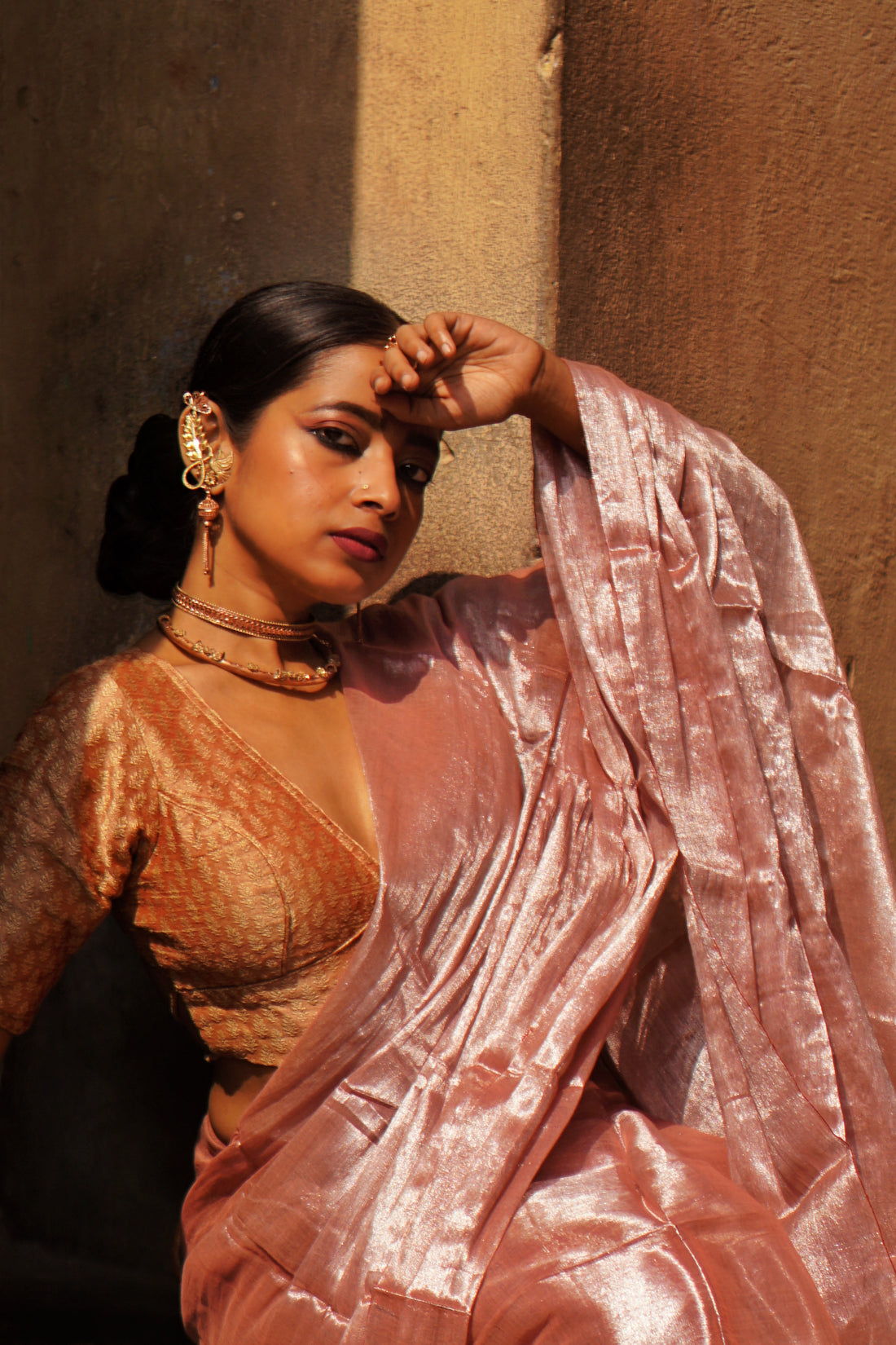 RangDhaaga Onion Pink Silver Tone Raga Tissue Saree