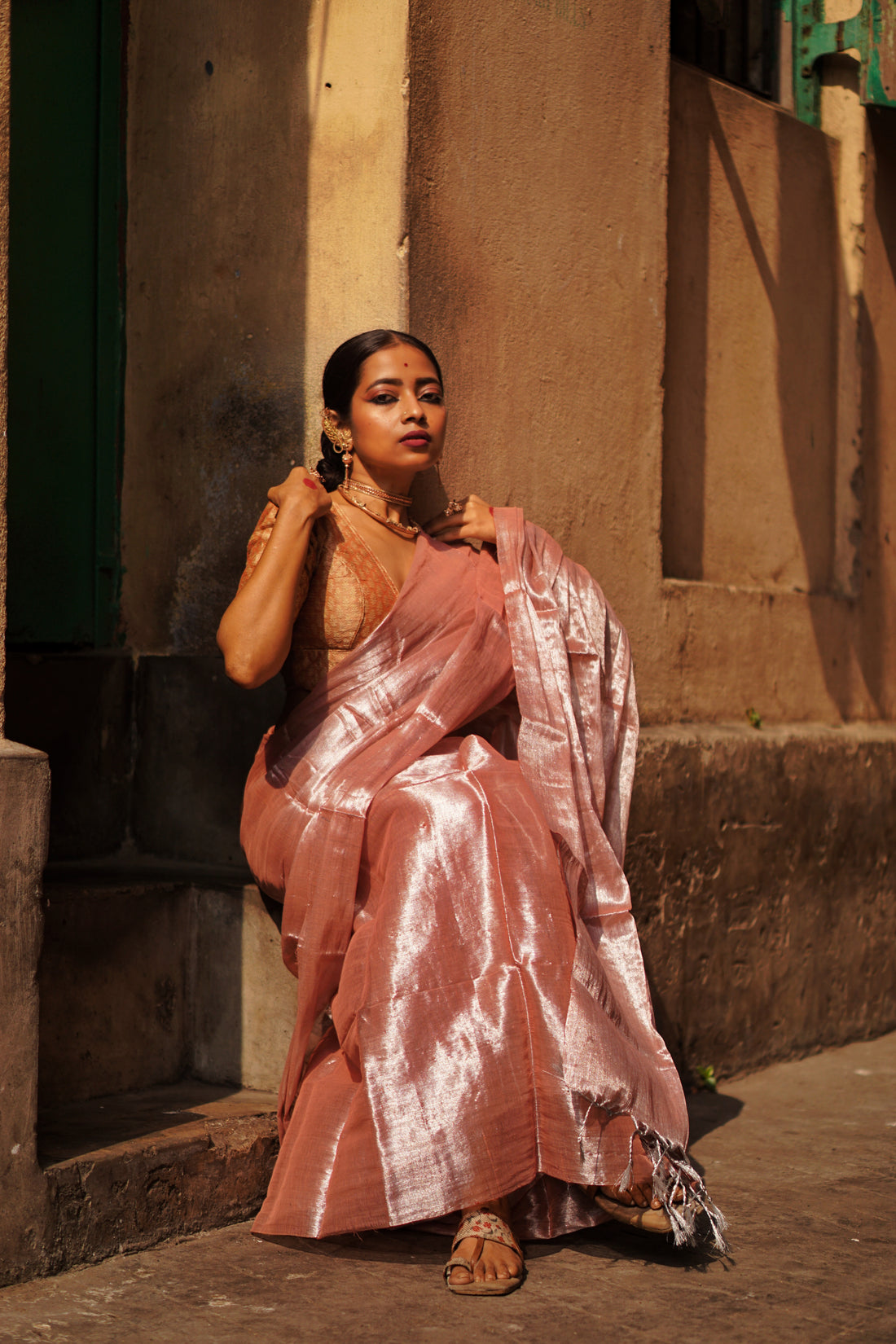 RangDhaaga Onion Pink Silver Tone Raga Tissue Saree
