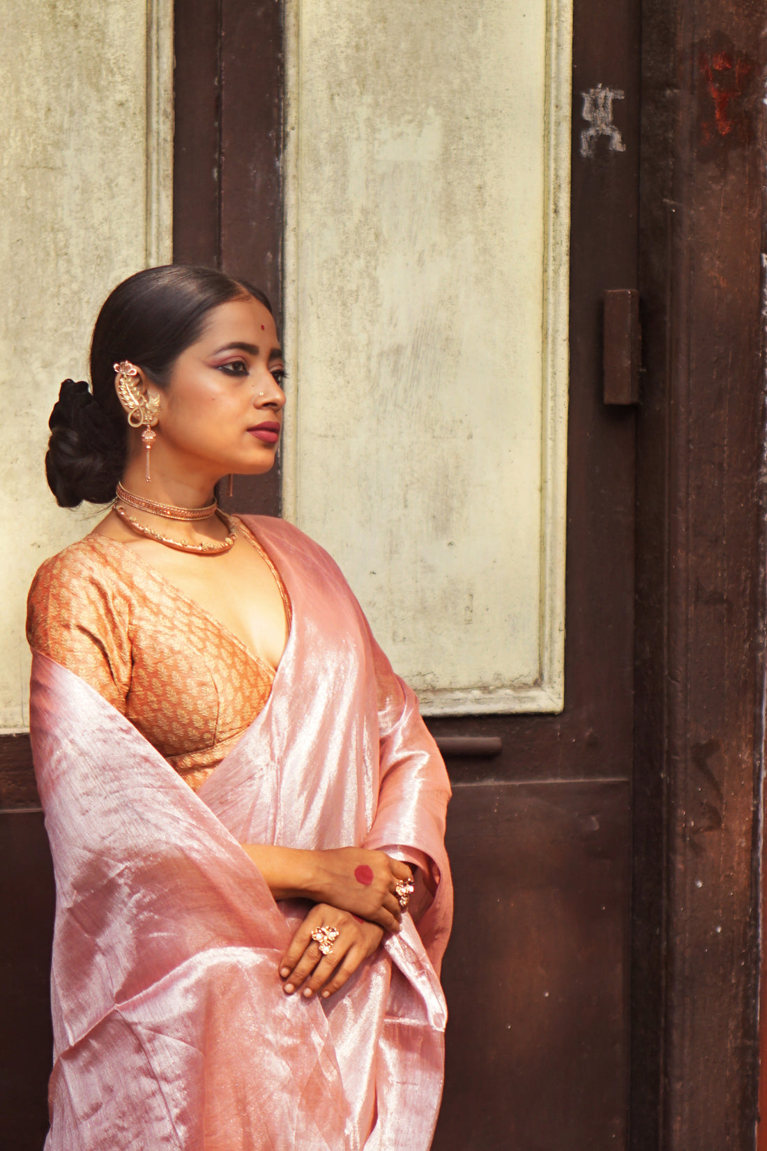 RangDhaaga Onion Pink Silver Tone Raga Tissue Saree