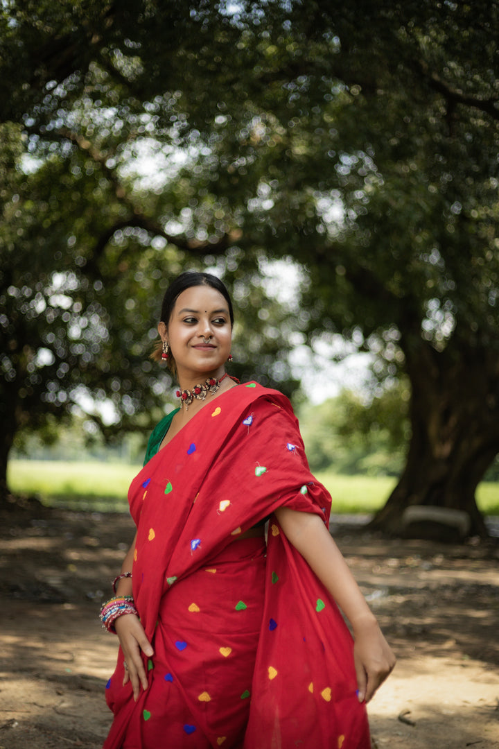 Rangdhaaga red with multi heart  Embroidery Cotton Saree