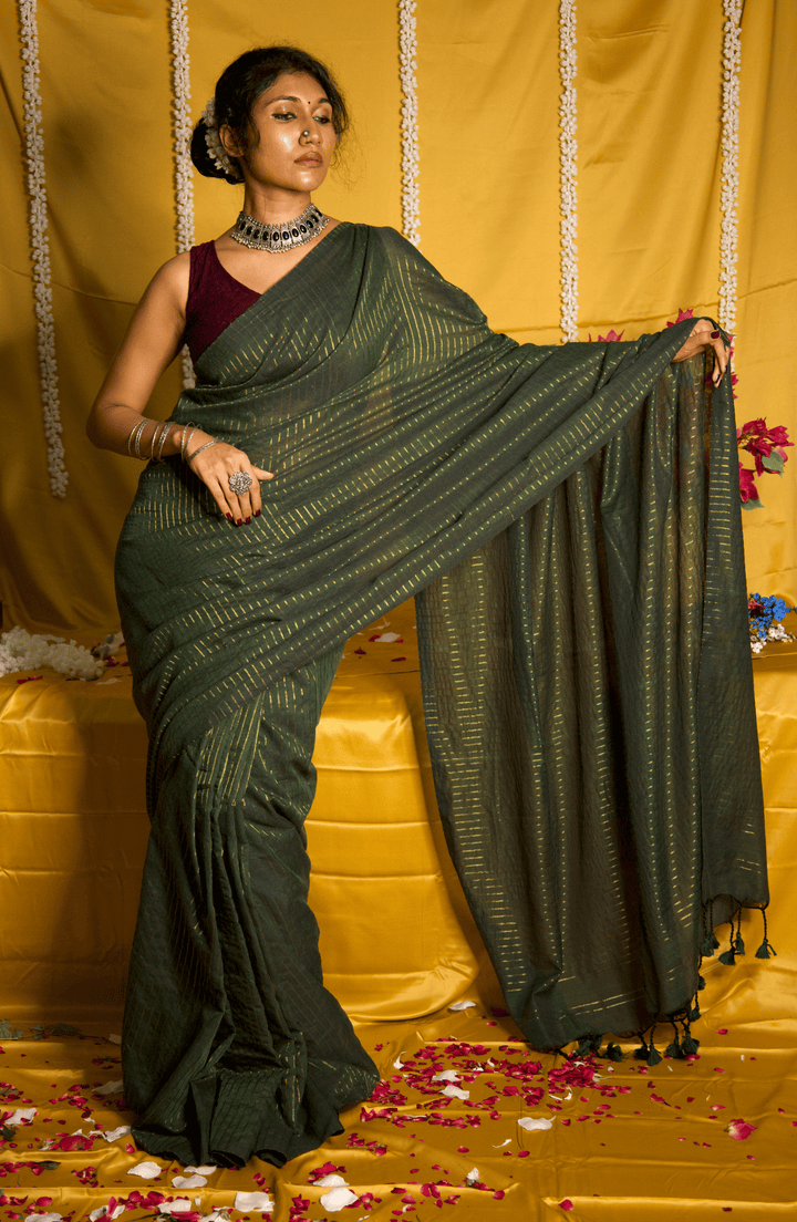 Rangdhaaga mehendi green zari lining cotton saree