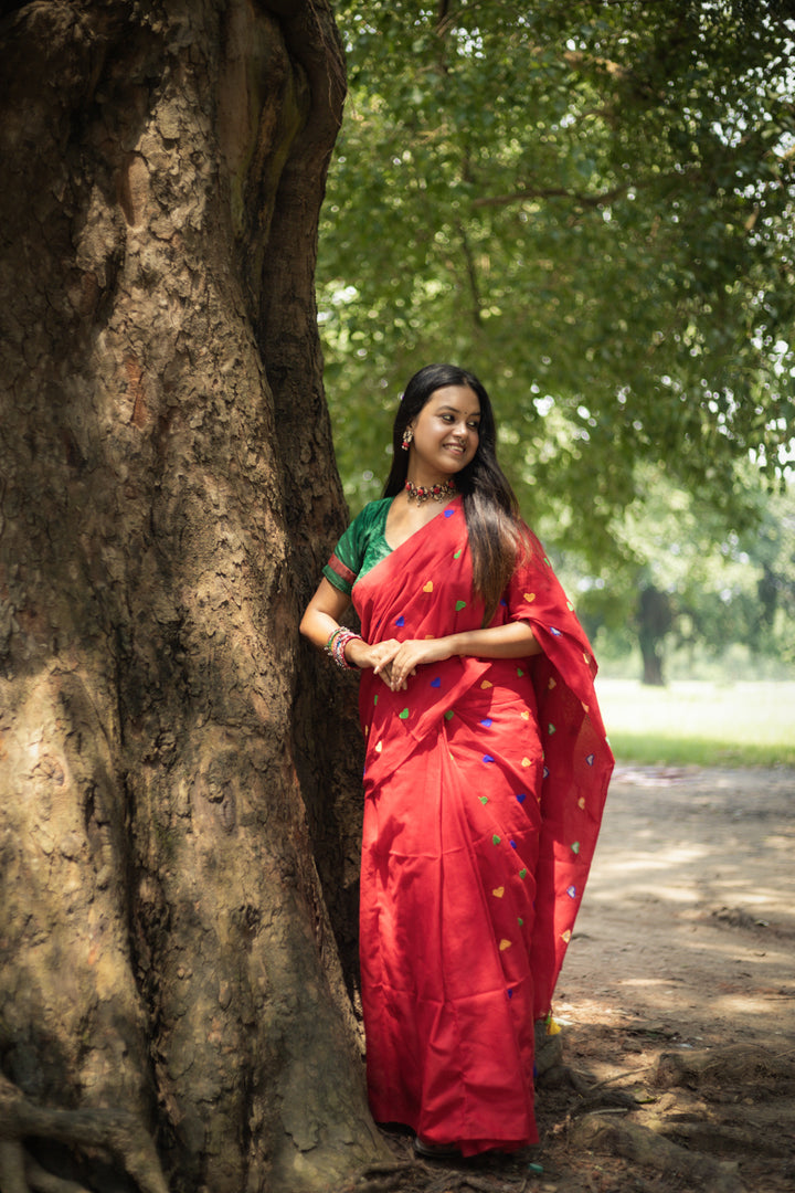 Rangdhaaga red with multi heart  Embroidery Cotton Saree