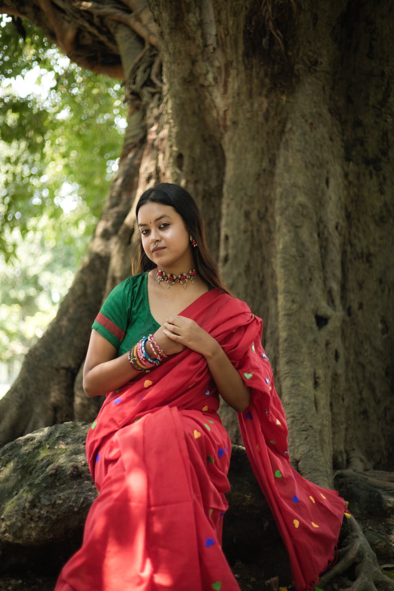 Rangdhaaga red with multi heart  Embroidery Cotton Saree