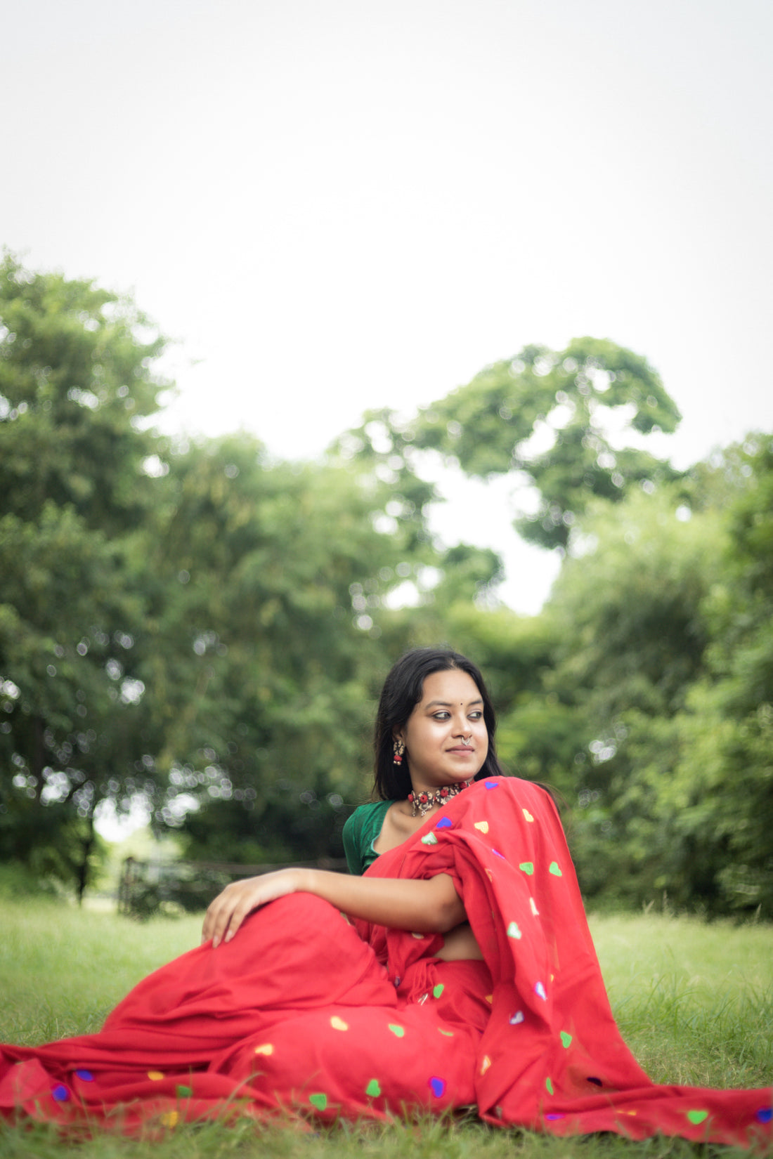 Rangdhaaga red with multi heart  Embroidery Cotton Saree