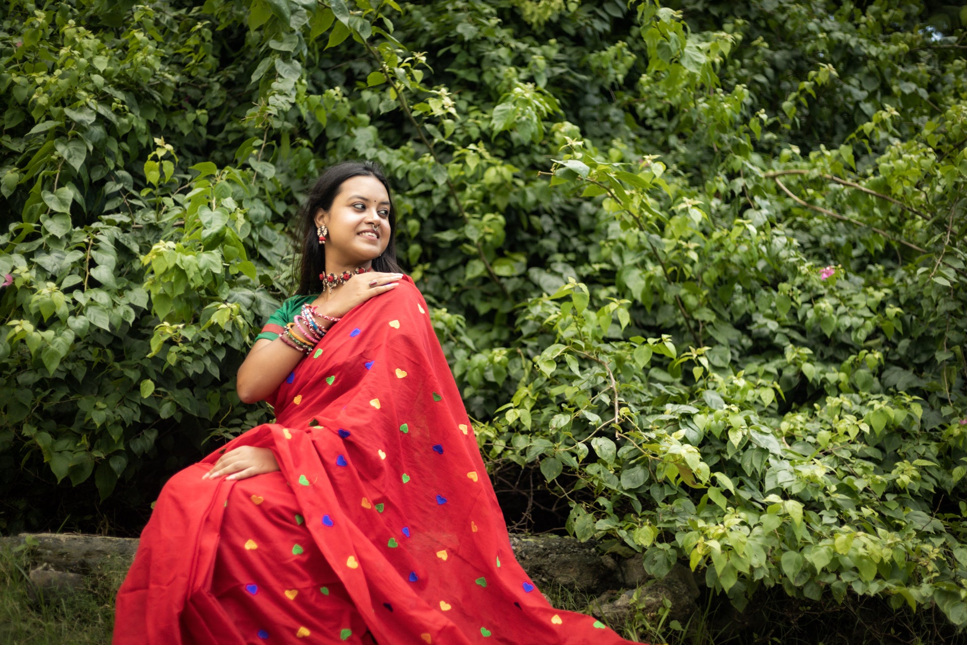 Rangdhaaga red with multi heart  Embroidery Cotton Saree