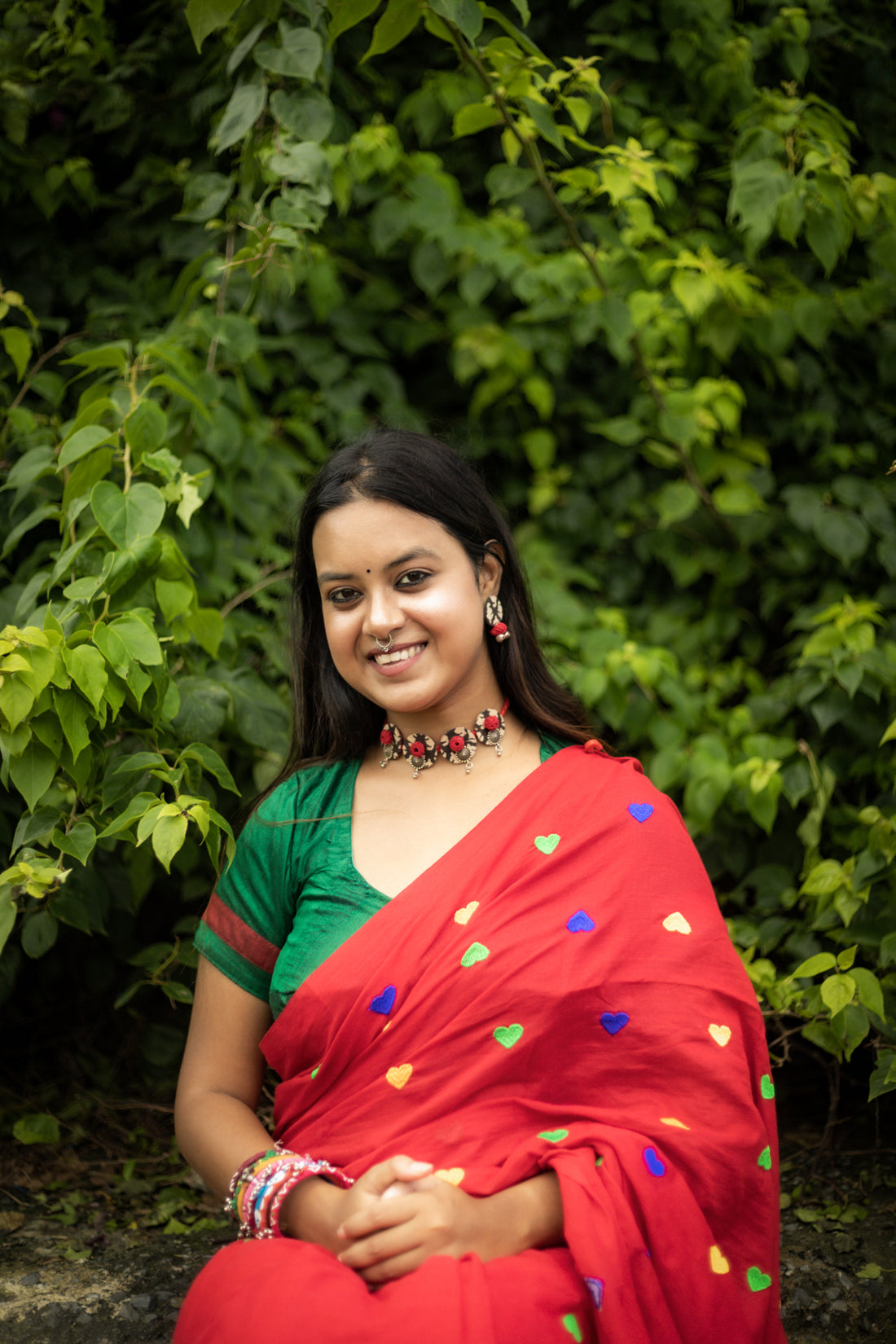 Rangdhaaga red with multi heart  Embroidery Cotton Saree