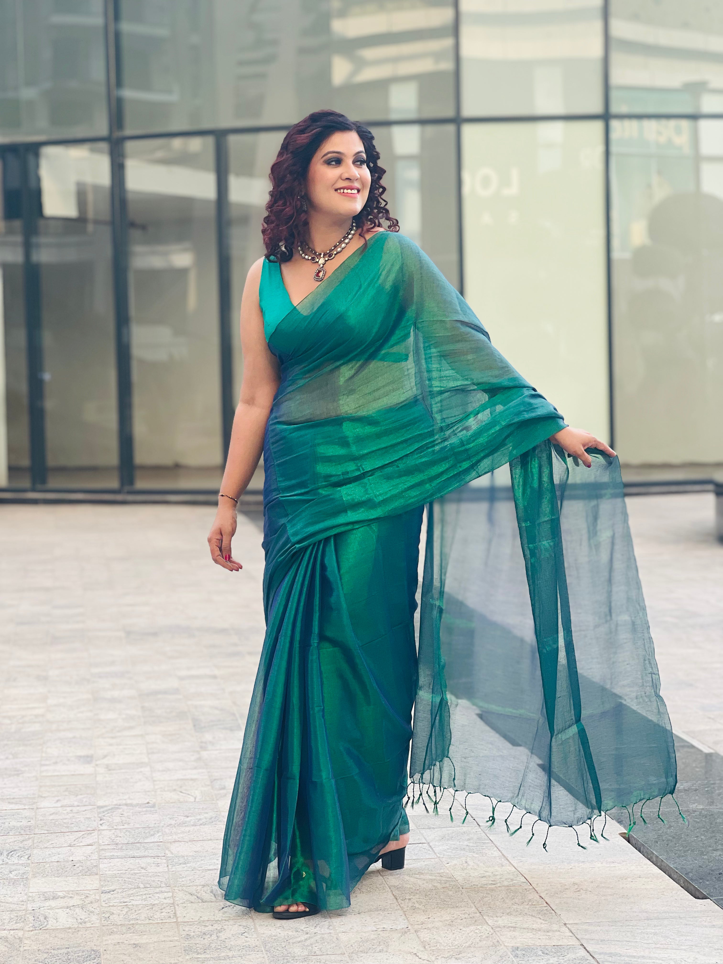 RangDhaaga Dark Green Raga Tissue Saree