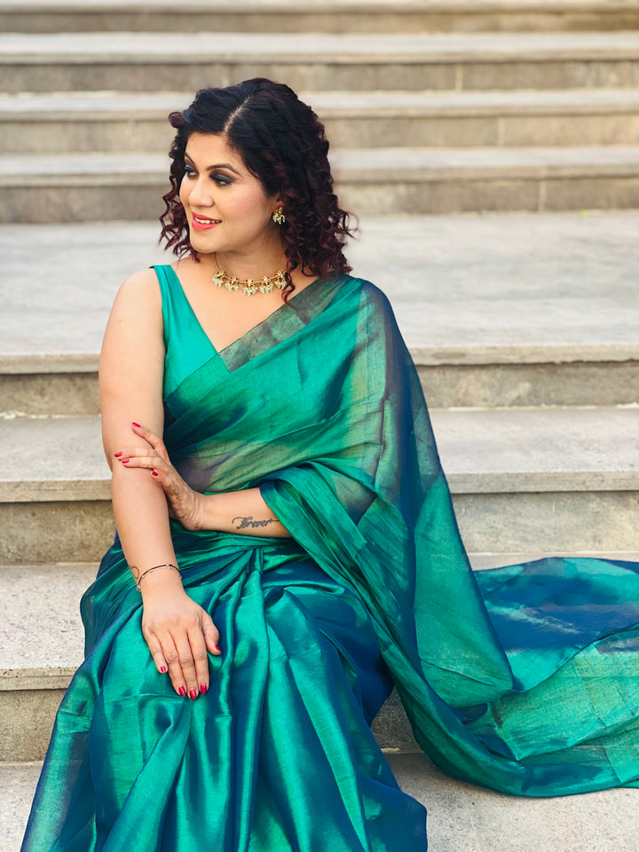 RangDhaaga Dark Green Raga Tissue Saree