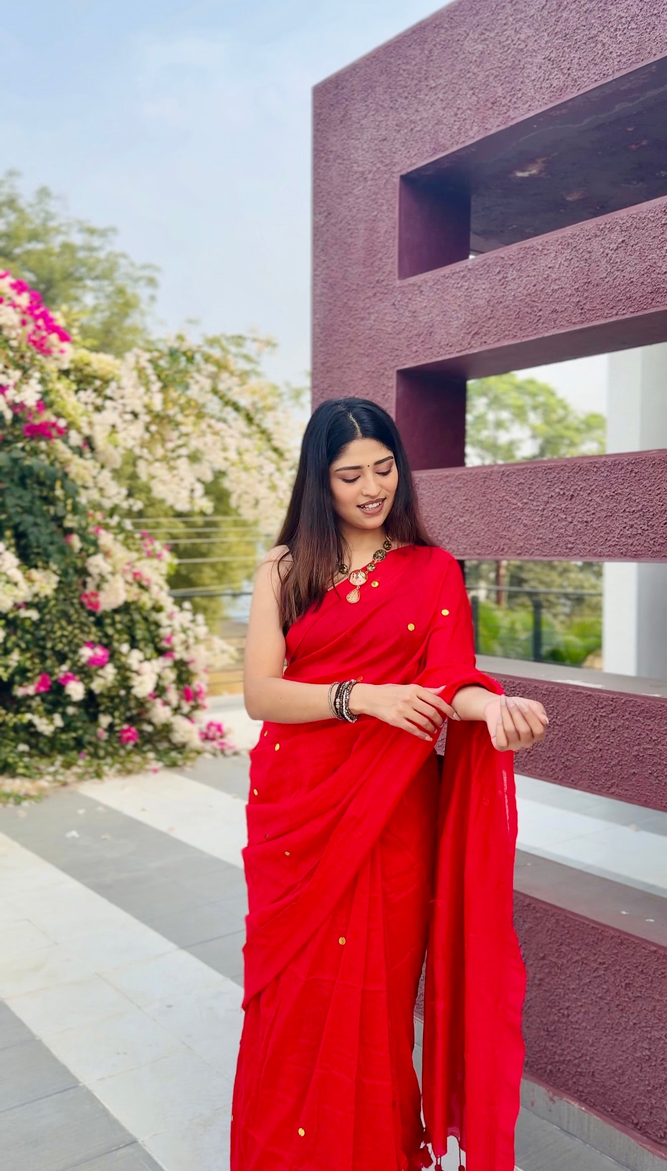 Rangdhaaga Red Sequence Cotton Saree