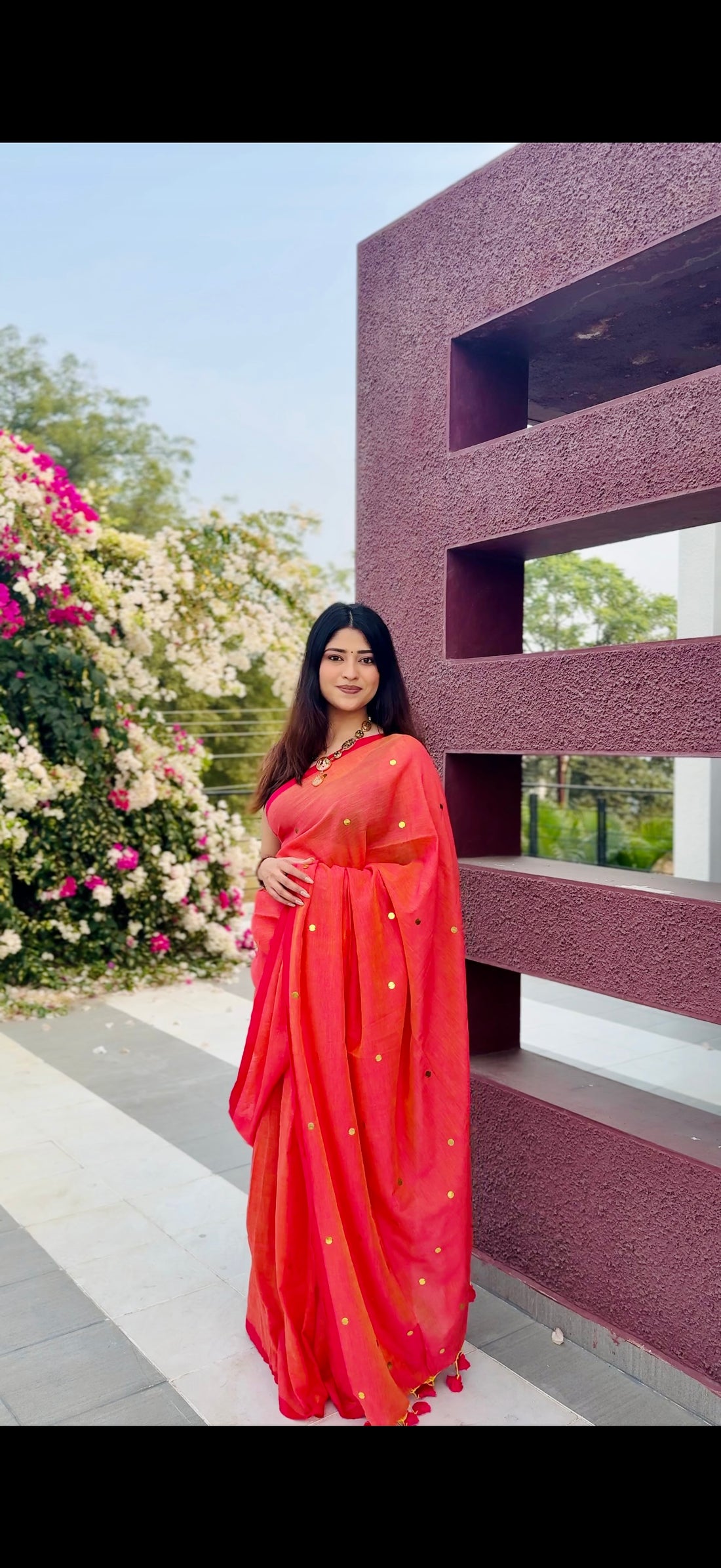 Rangdhaaga Orange Dual Tone with Red Border Sequence Cotton Saree