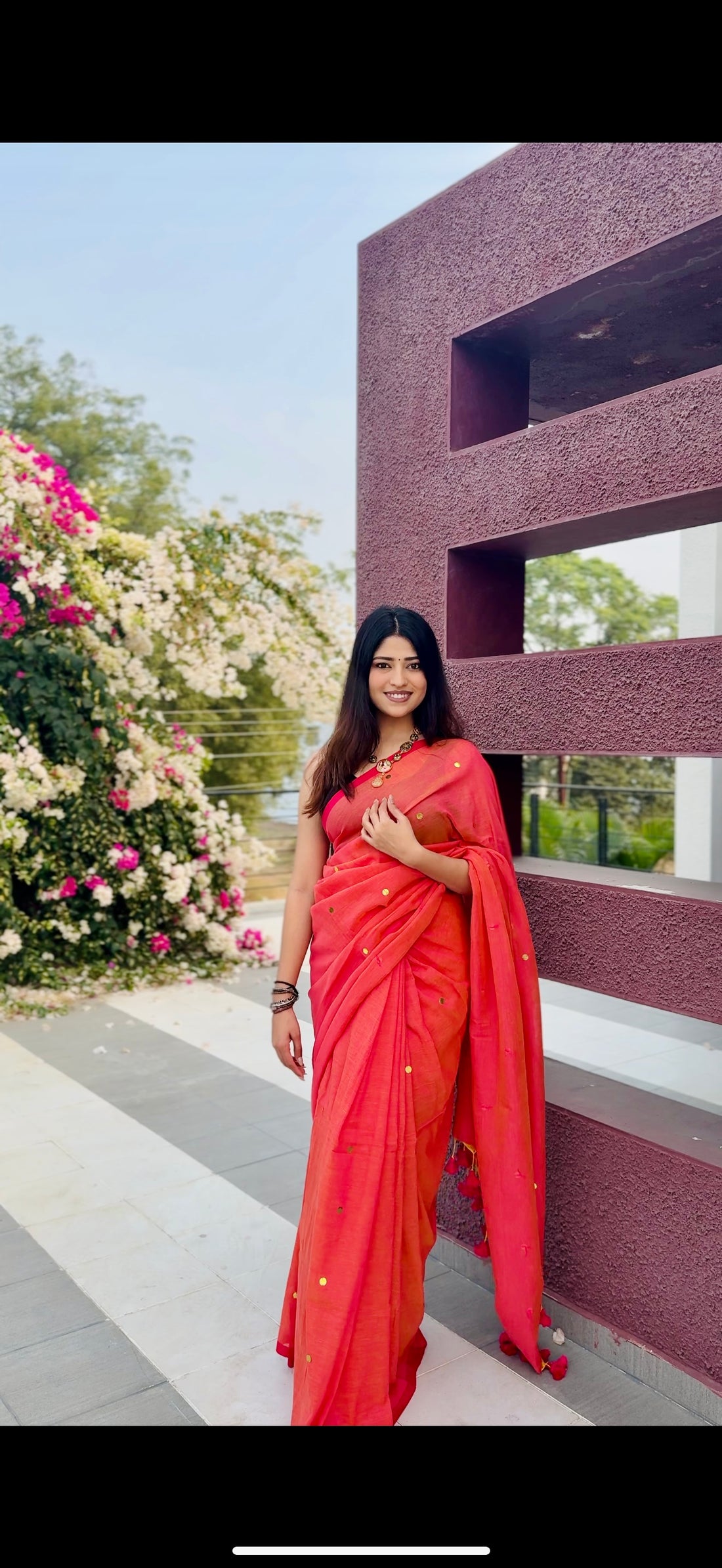 Rangdhaaga Orange Dual Tone with Red Border Sequence Cotton Saree