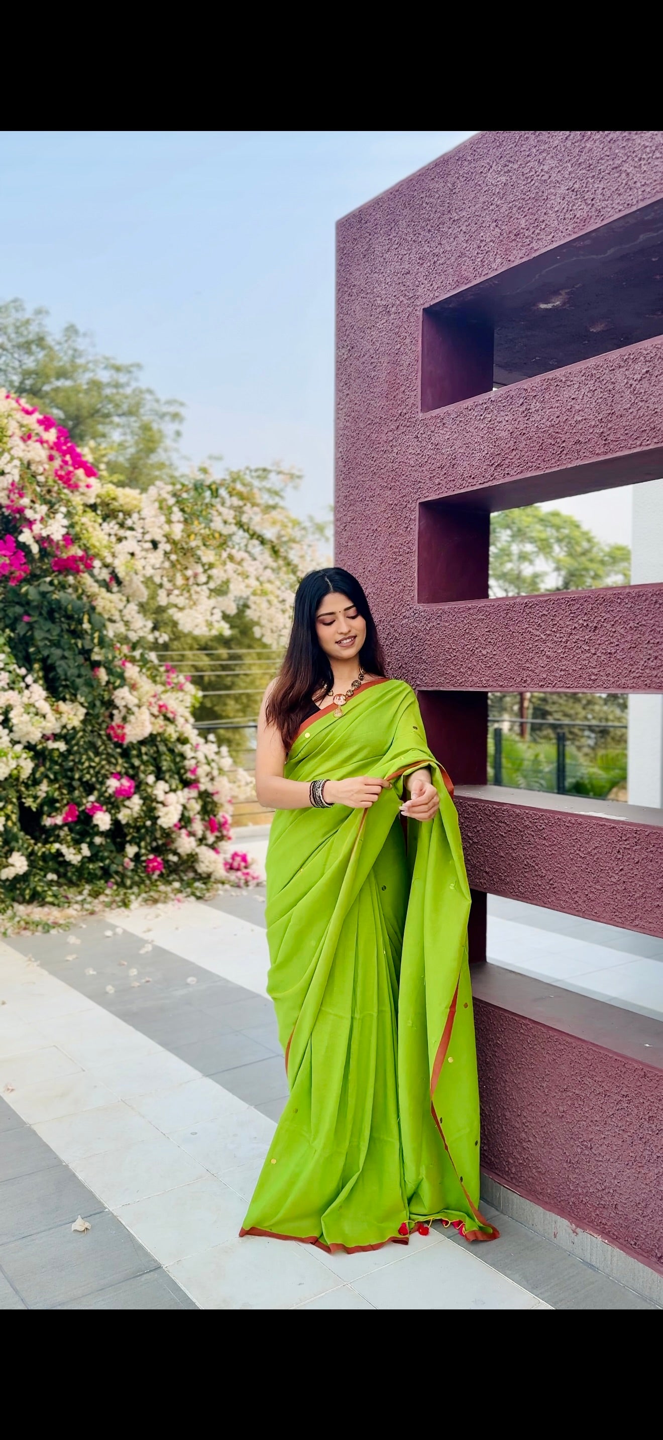 Rangdhaaga Neon Green with Red Border Sequence Cotton Saree