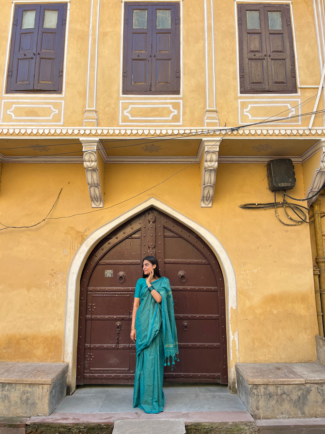 Rangdhaaga peacock green mini zari lining cotton saree