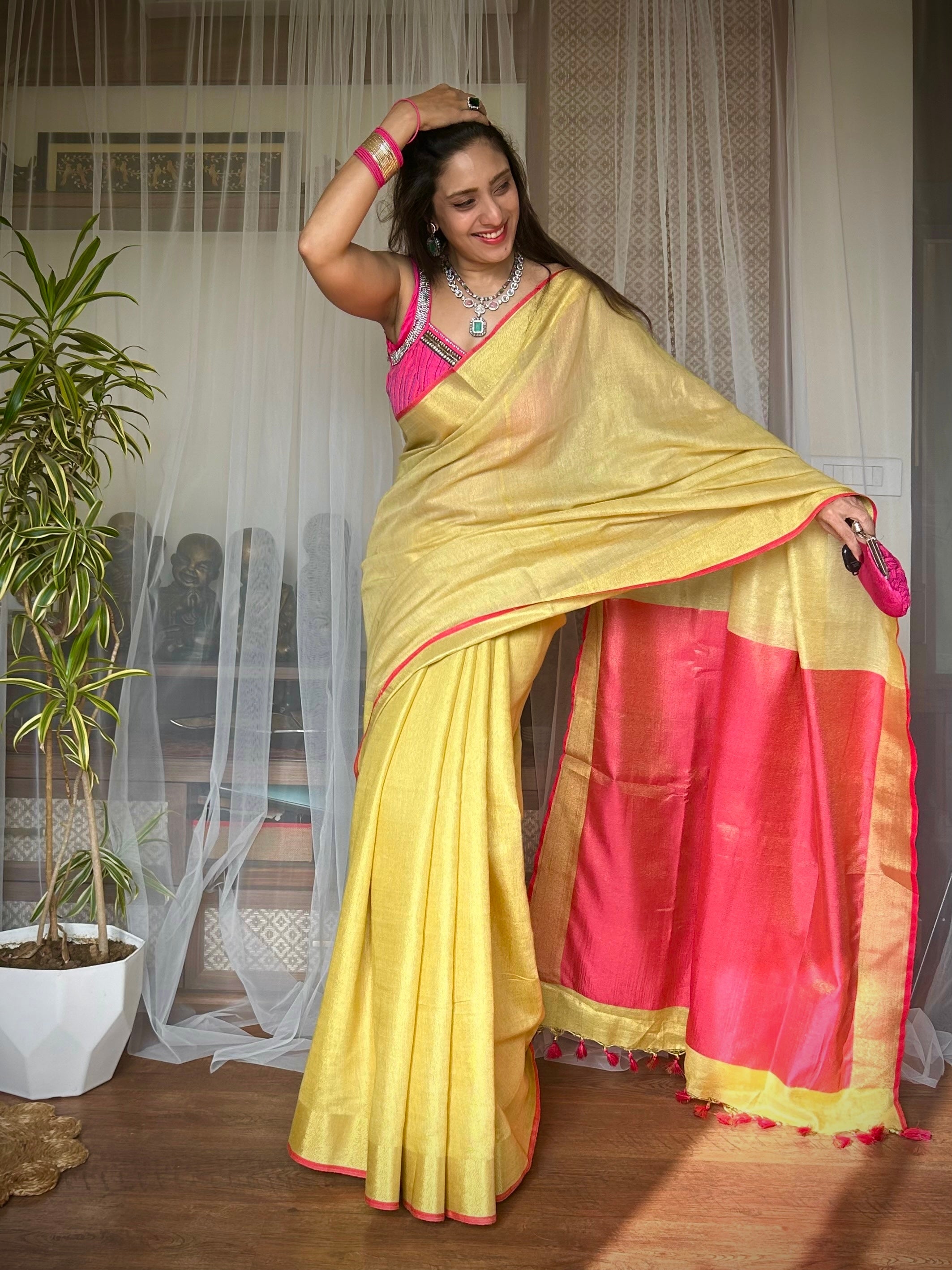 Rangdhaaga Neon Green with Golden Zari Border Metallic Tissue Linen Saree