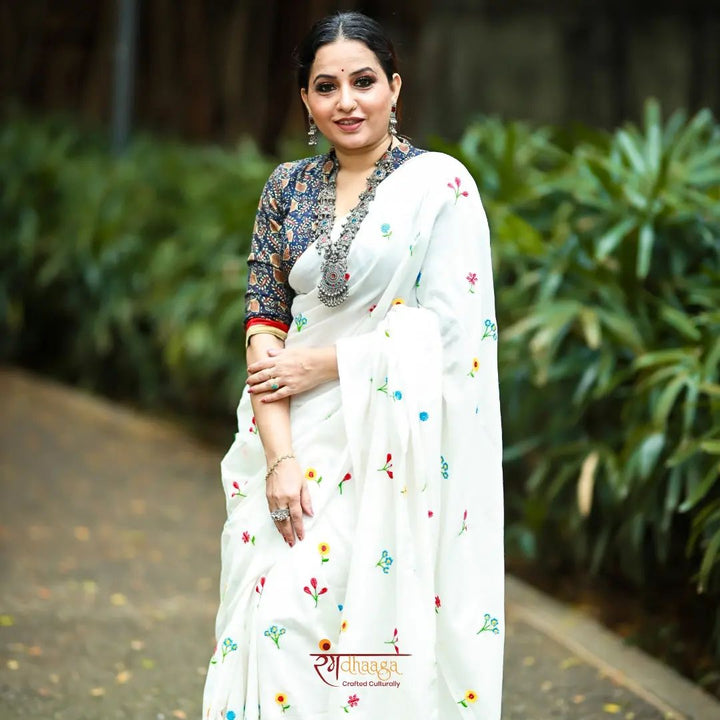 Rangdhaaga white floral embroidery cotton saree