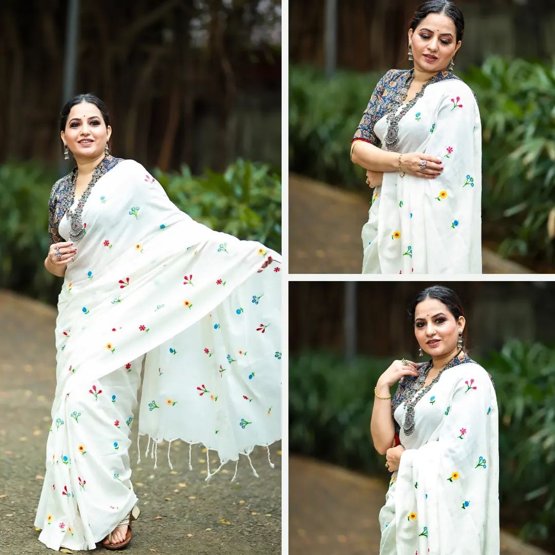 Rangdhaaga white floral embroidery cotton saree