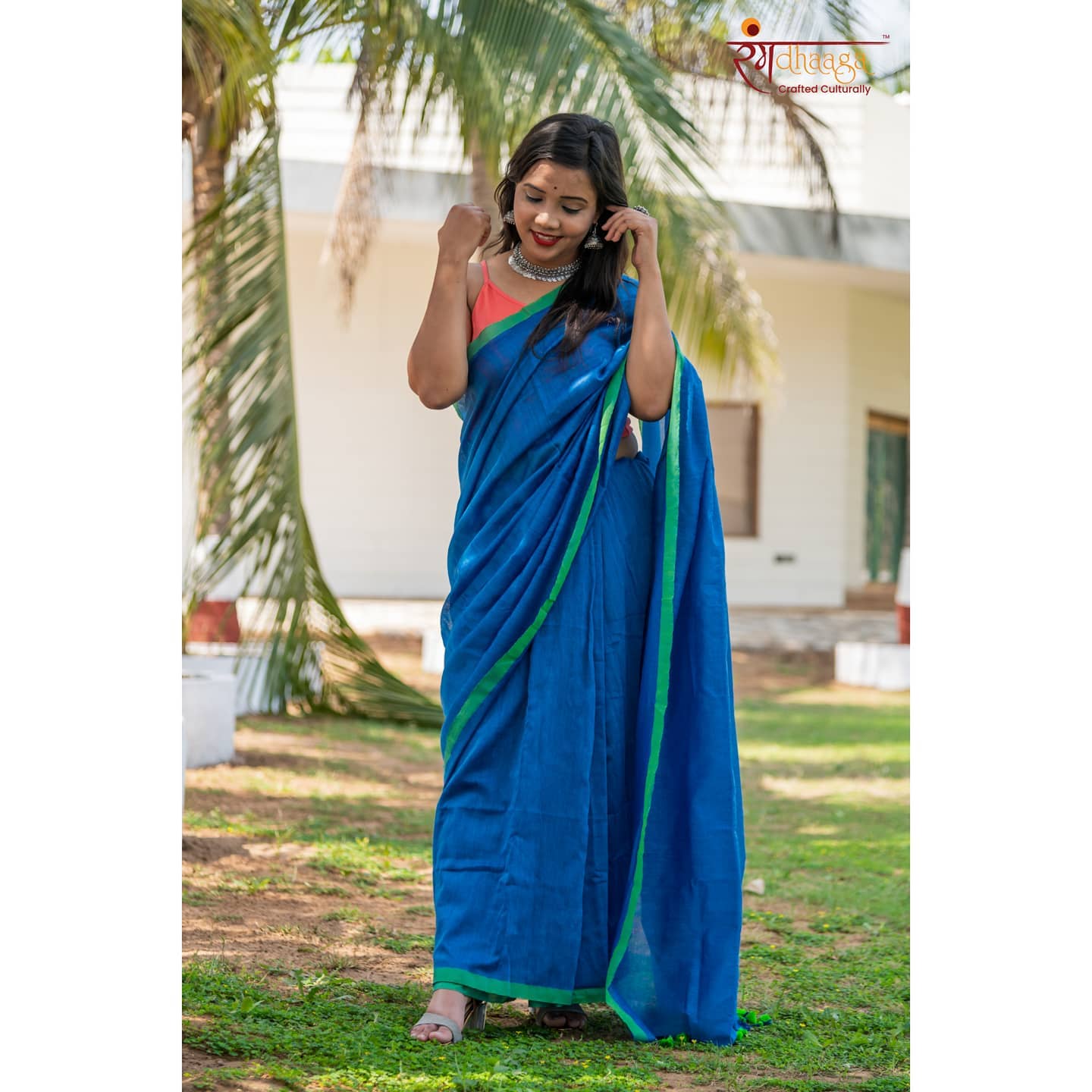 Rangdhaaga Blue with green border contrast cotton saree