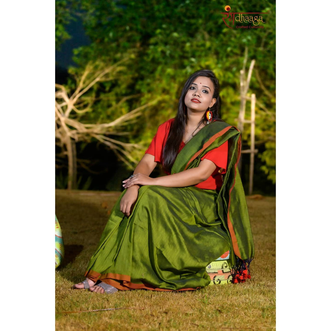 Rangdhaaga green with red contrast border cotton saree