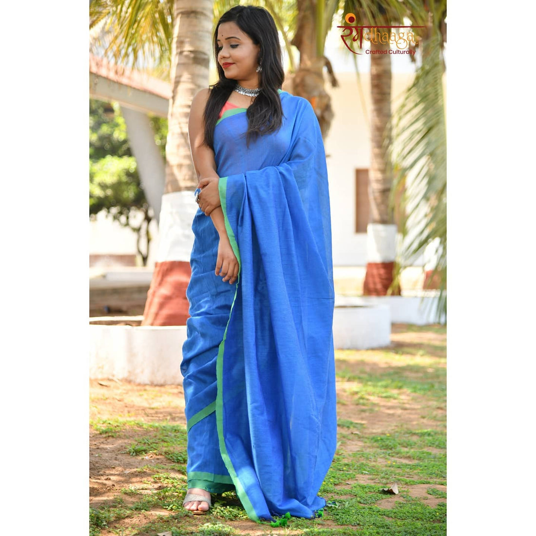 Rangdhaaga Blue with green border contrast cotton saree