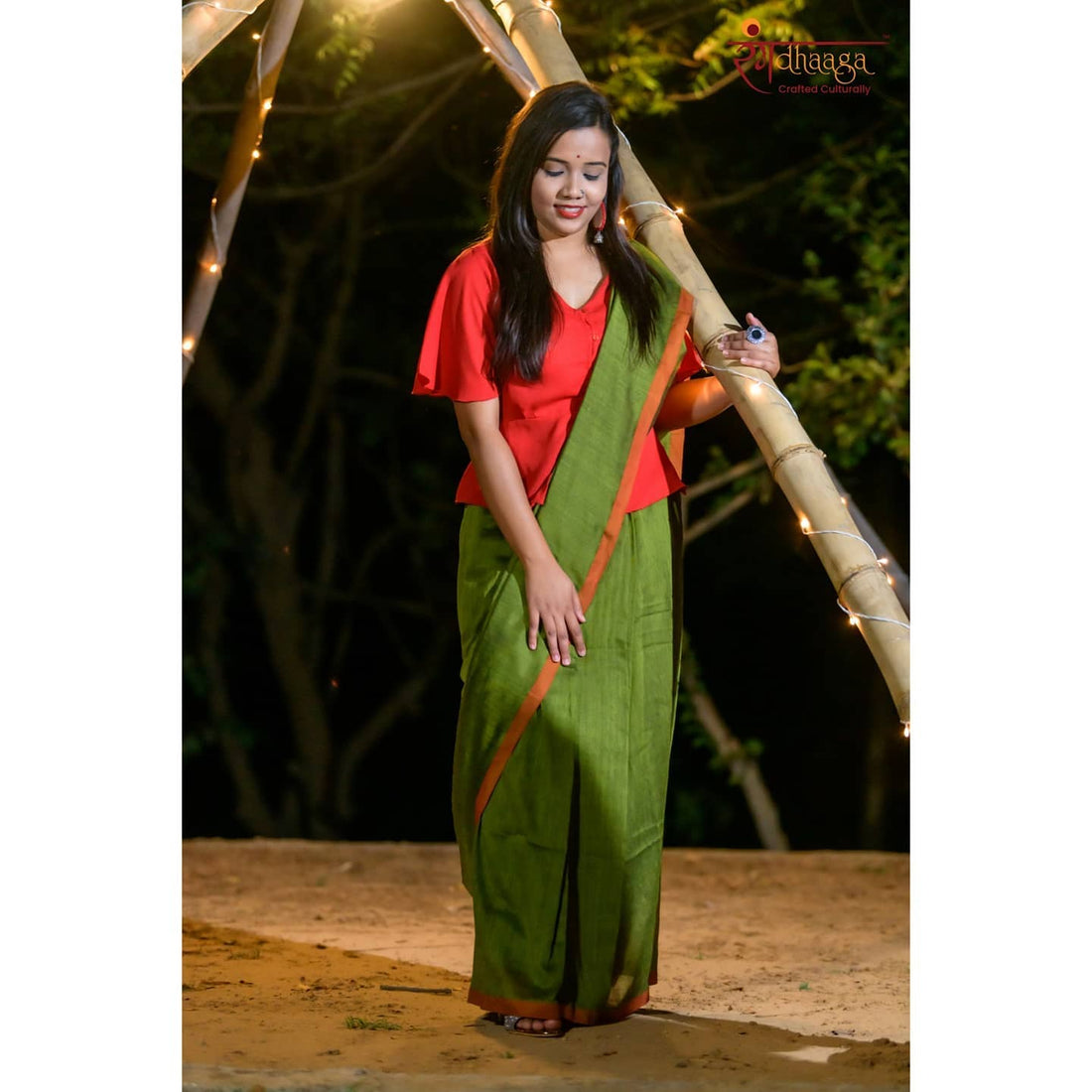 Rangdhaaga green with red contrast border cotton saree