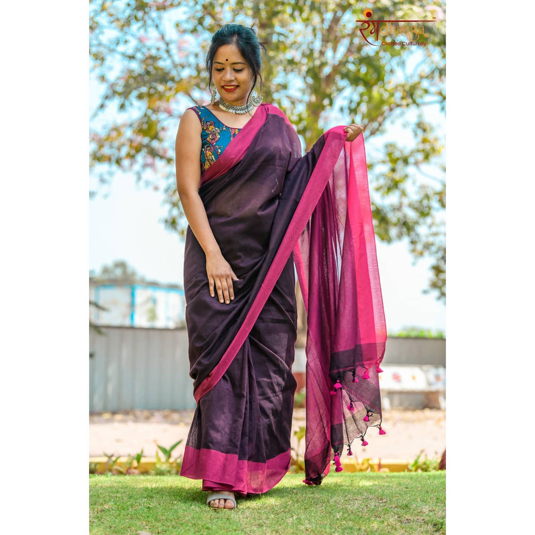 Rangdhaaga Brown with pink contrast border cotton saree