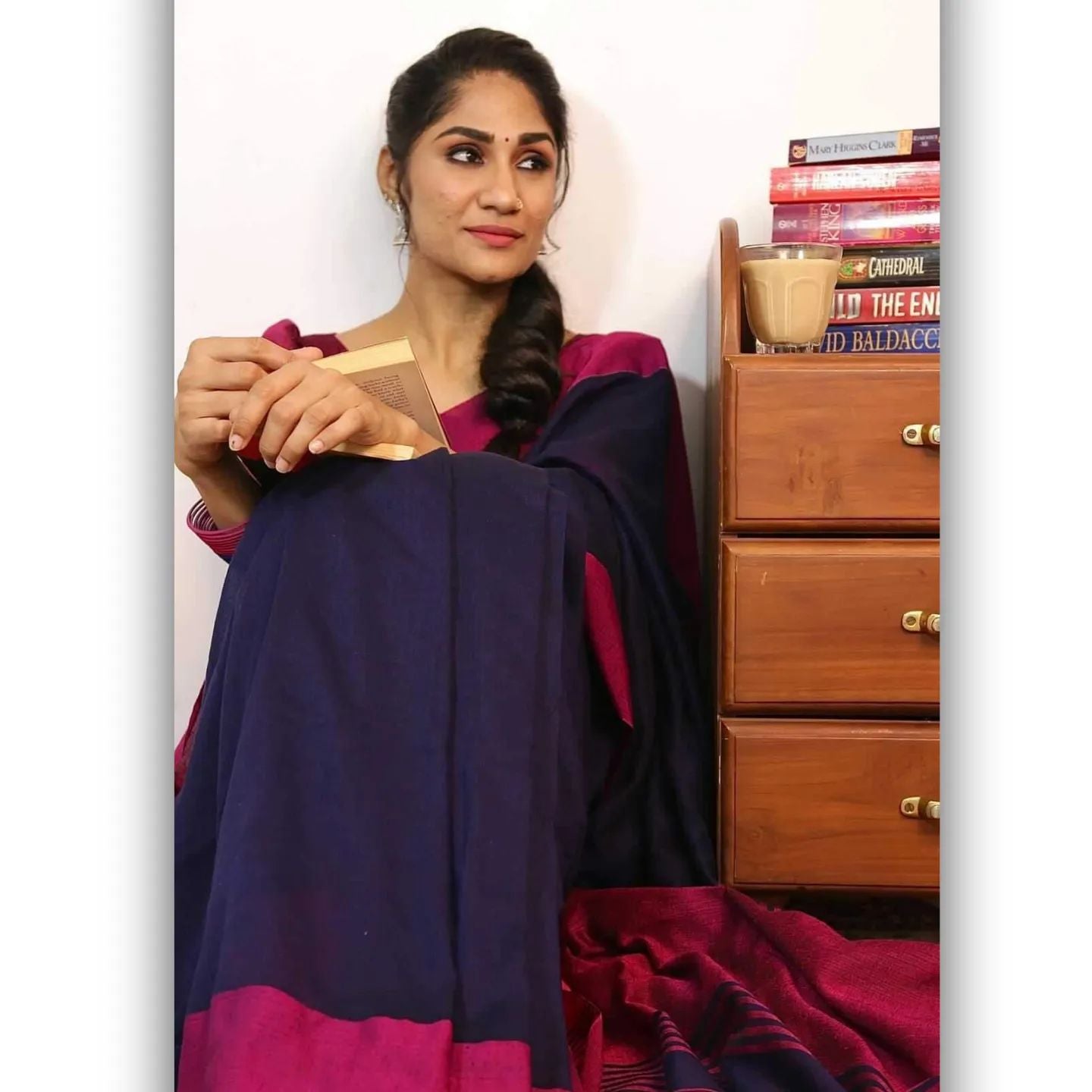 Rangdhaaga Brown with pink contrast border cotton saree