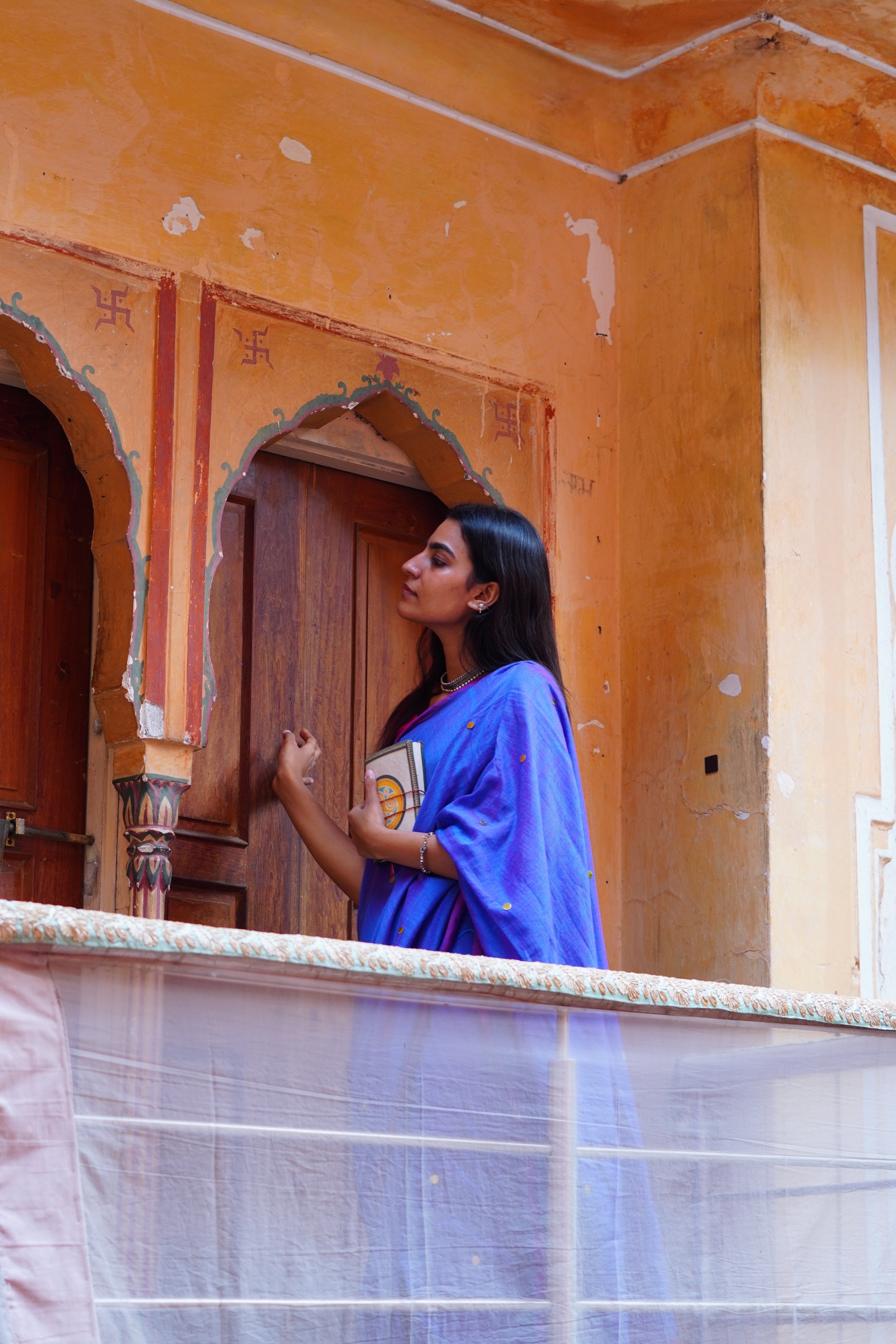 RangDhaaga Lila with purple mul cotton saree with pink tussel