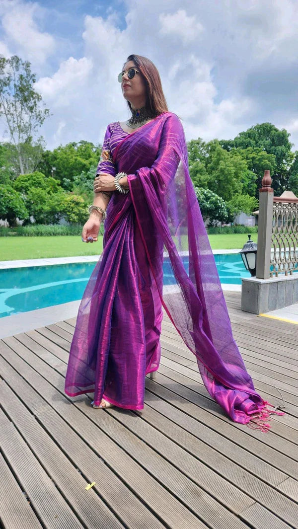 RangDhaaga Purple Raga Tissue Saree