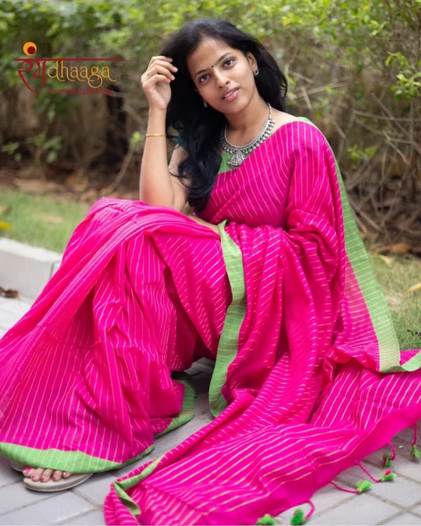 pink and apple green border zari lining cotton saree