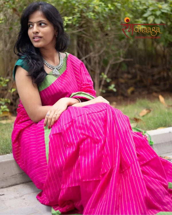 pink and apple green border zari lining cotton saree