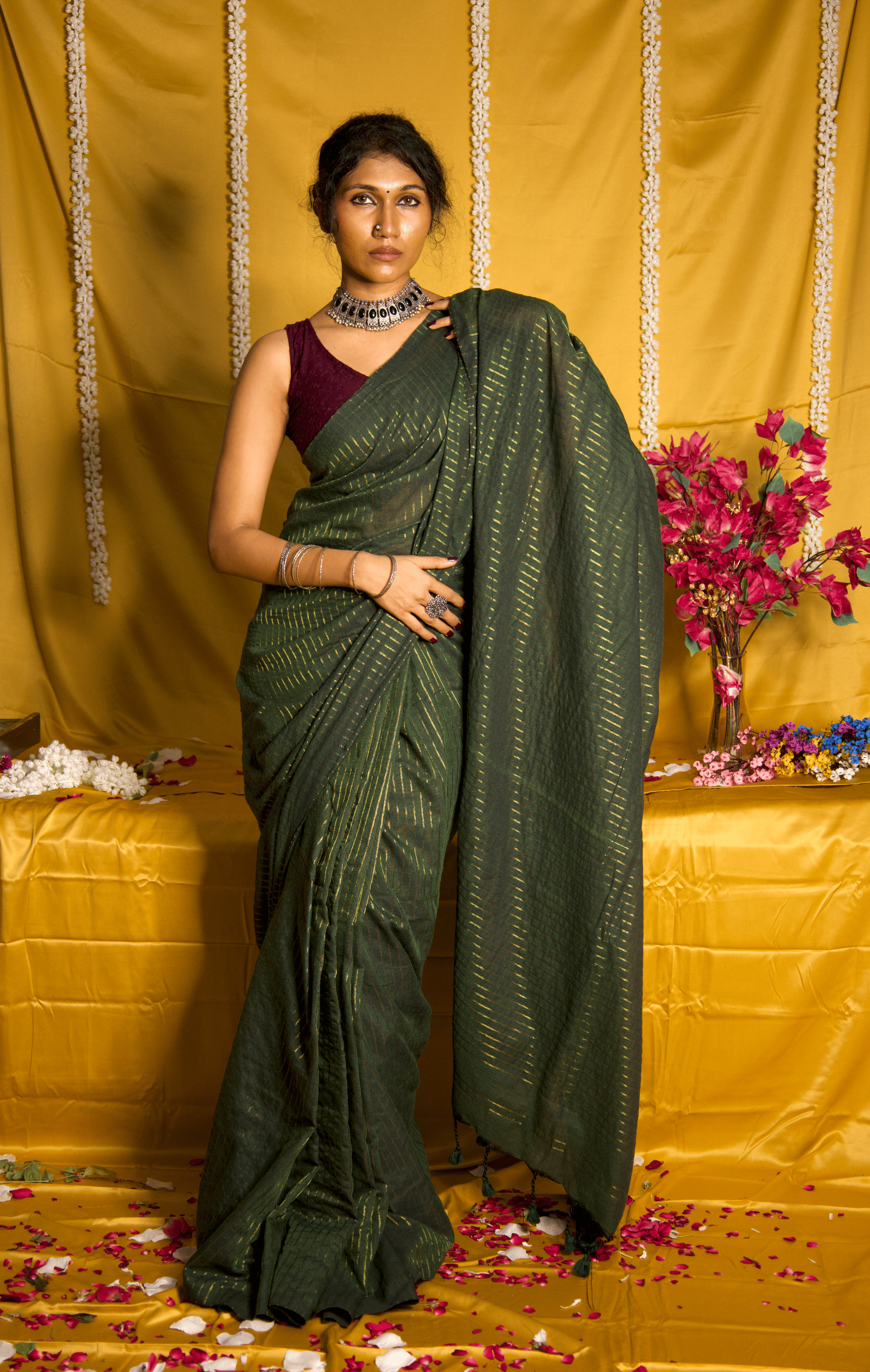 Rangdhaaga mehendi green zari lining cotton saree