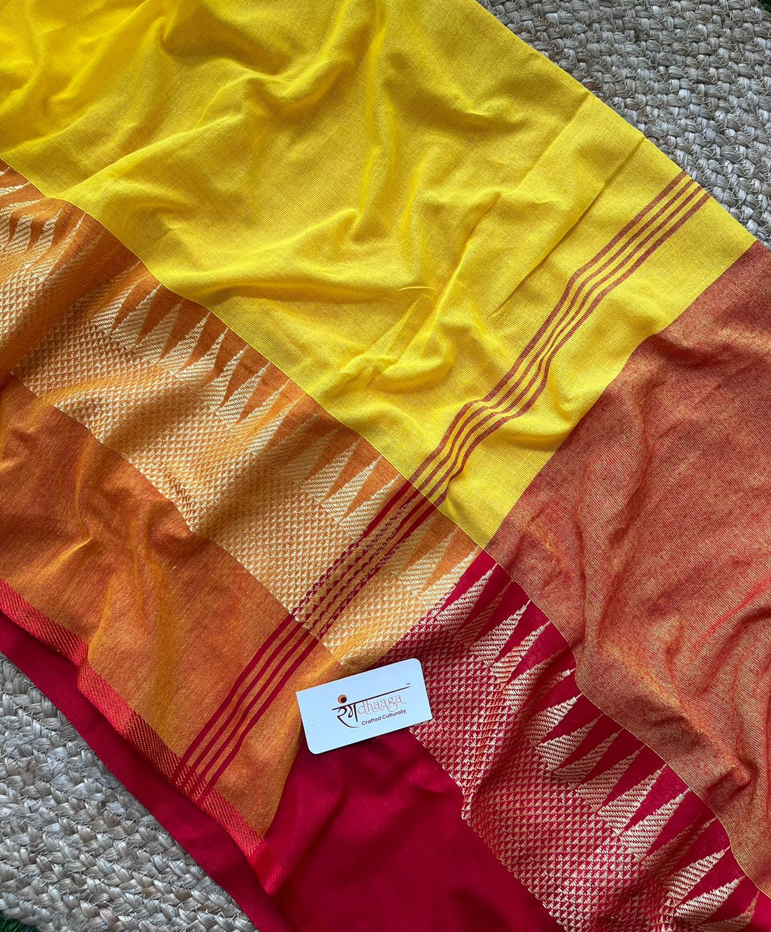 RangDhaaga Yellow & orange Saree with Temple Border